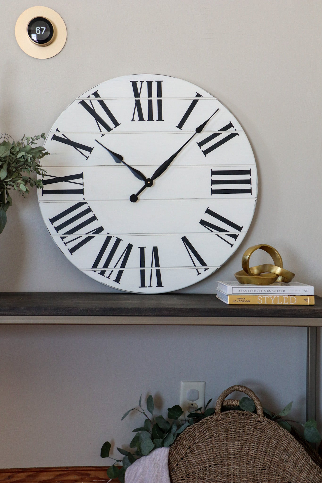 Simple 30&quot; Farmhouse Style Large White Distressed Wall Clock with Black Roman Numerals (in stock)