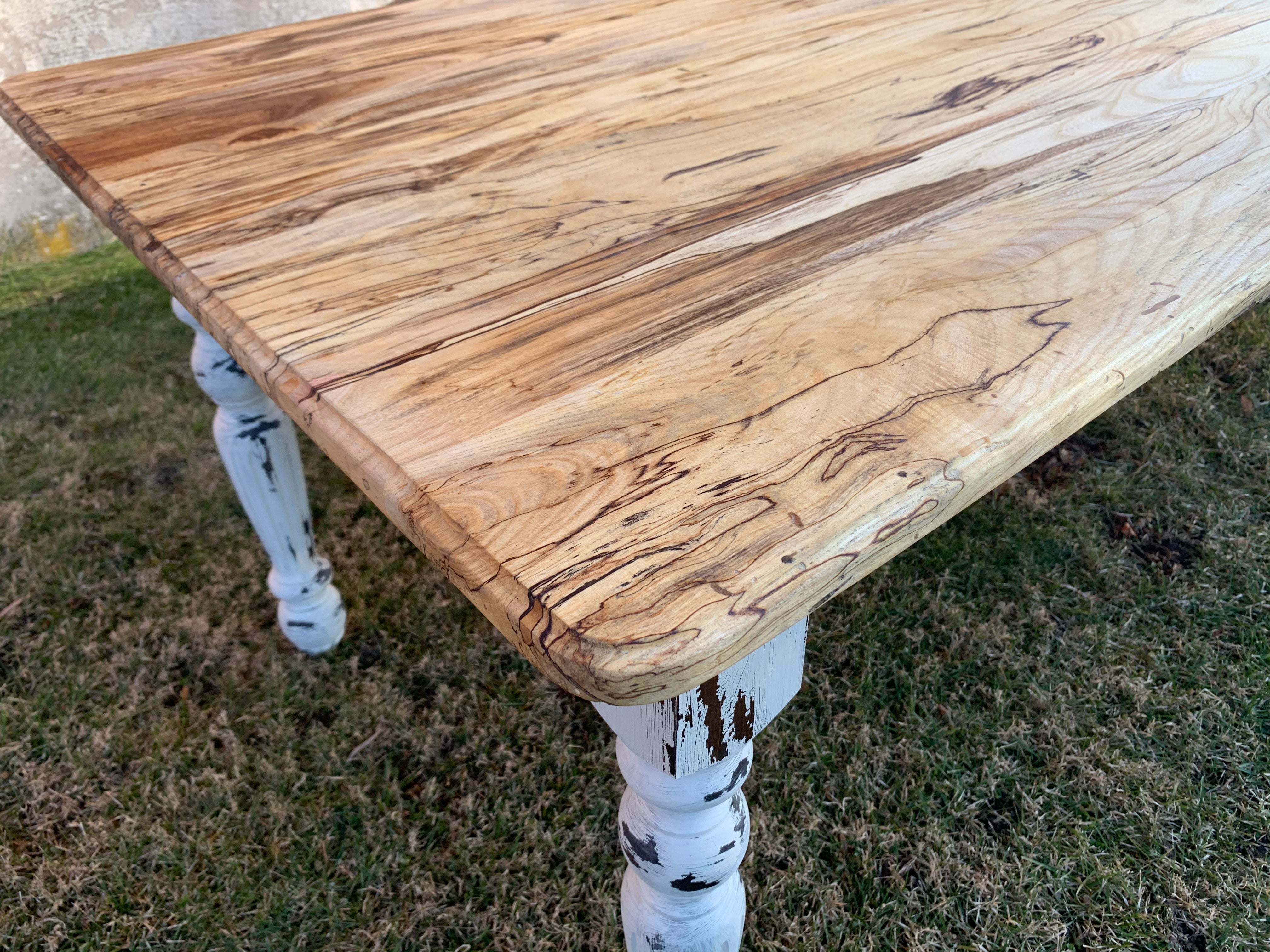 Spalted Maple Farmhouse Dining Table with White-Distressed Paint - Hazel Oak Farms