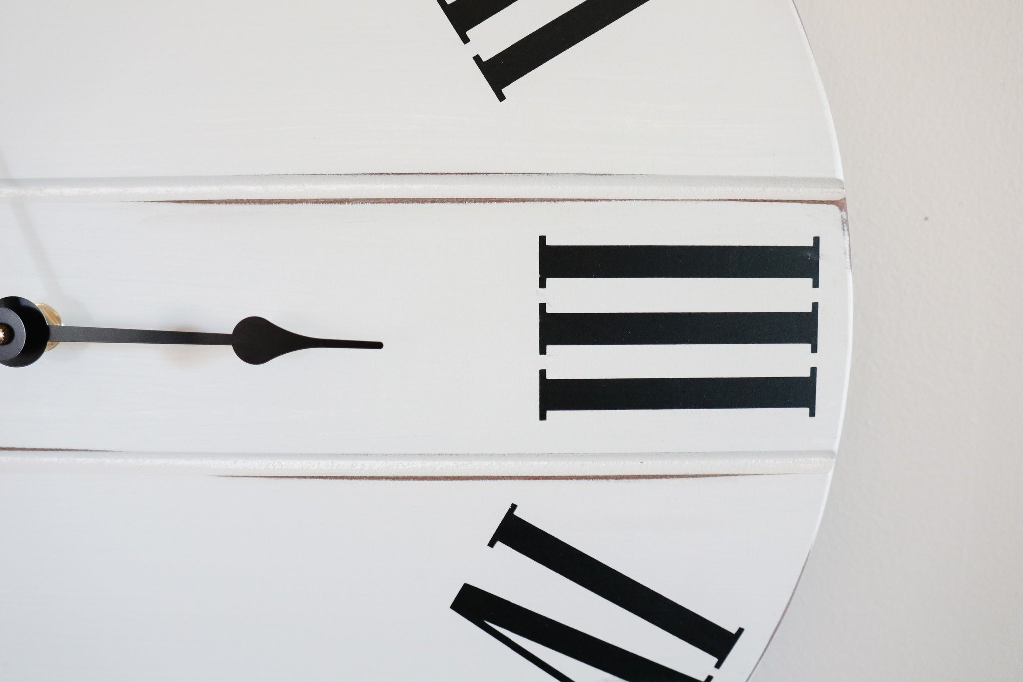Simple White Lightly Distressed Large Wall Clock with Black Roman Numerals