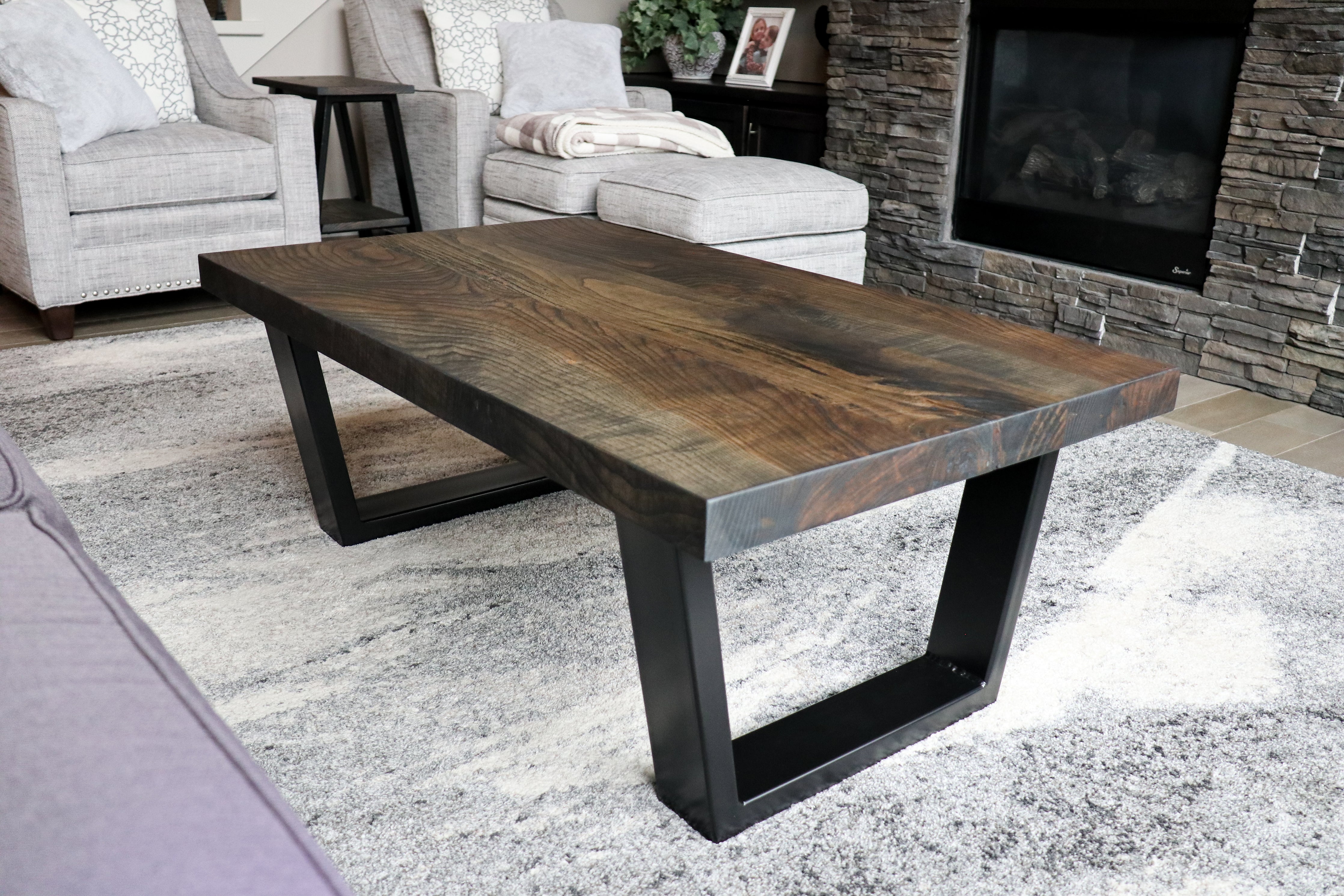 Modern Black Charcoal Ash Wood and Tapered Steel Coffee Table