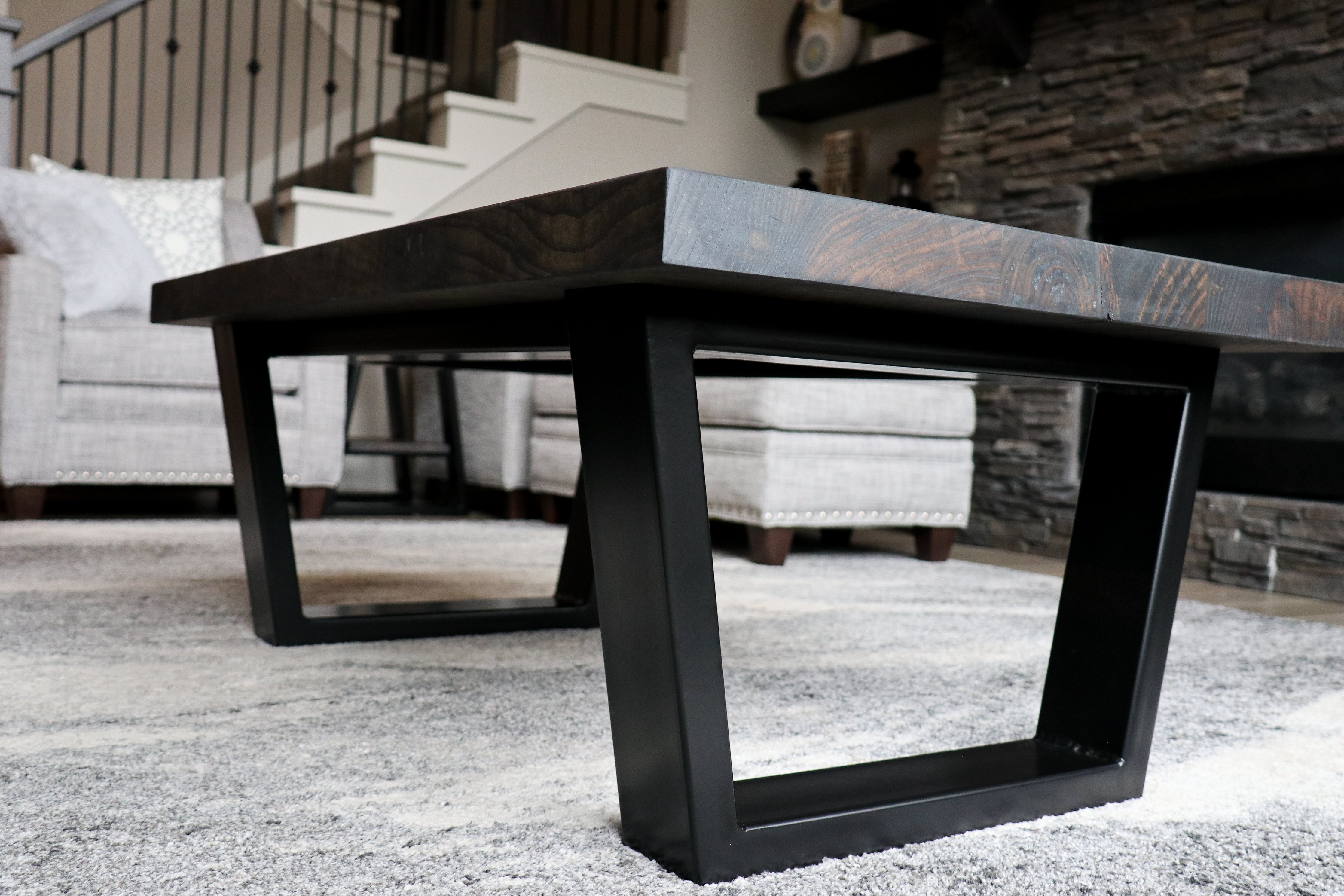 Modern Black Charcoal Ash Wood and Tapered Steel Coffee Table