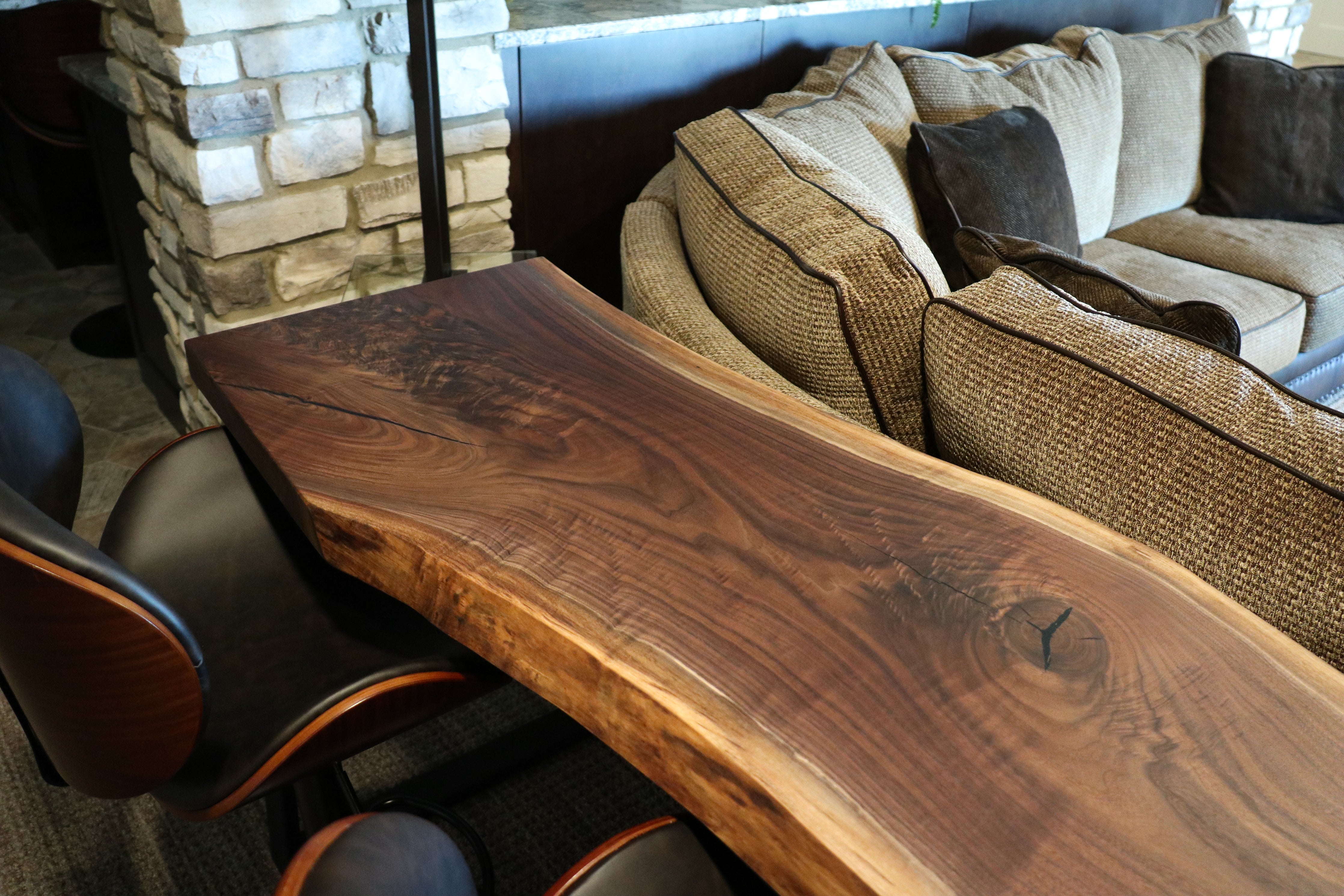 Narrow Live Edge Walnut Bar Table with Metal Base