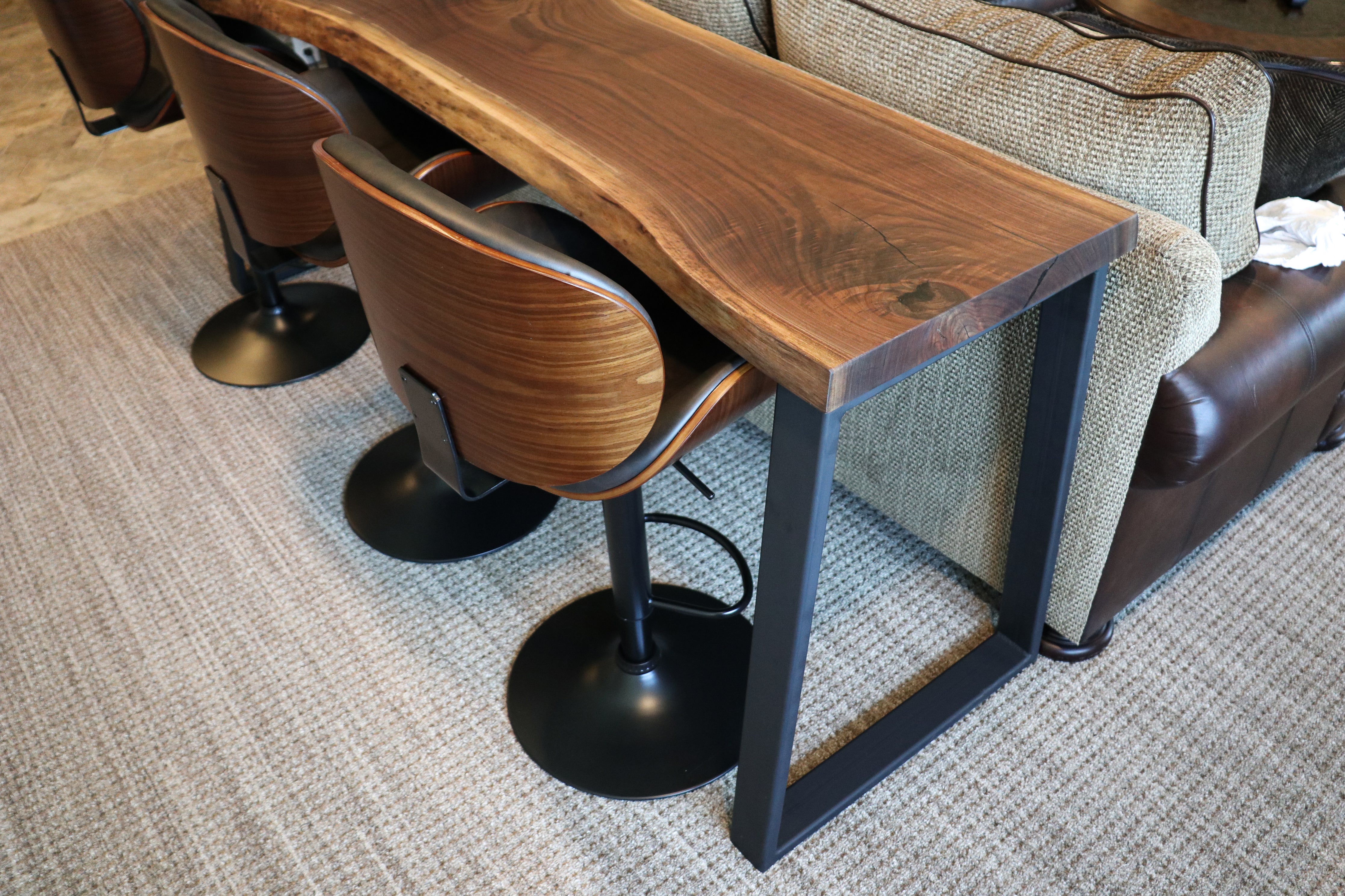 Narrow Live Edge Walnut Bar Table with Metal Base