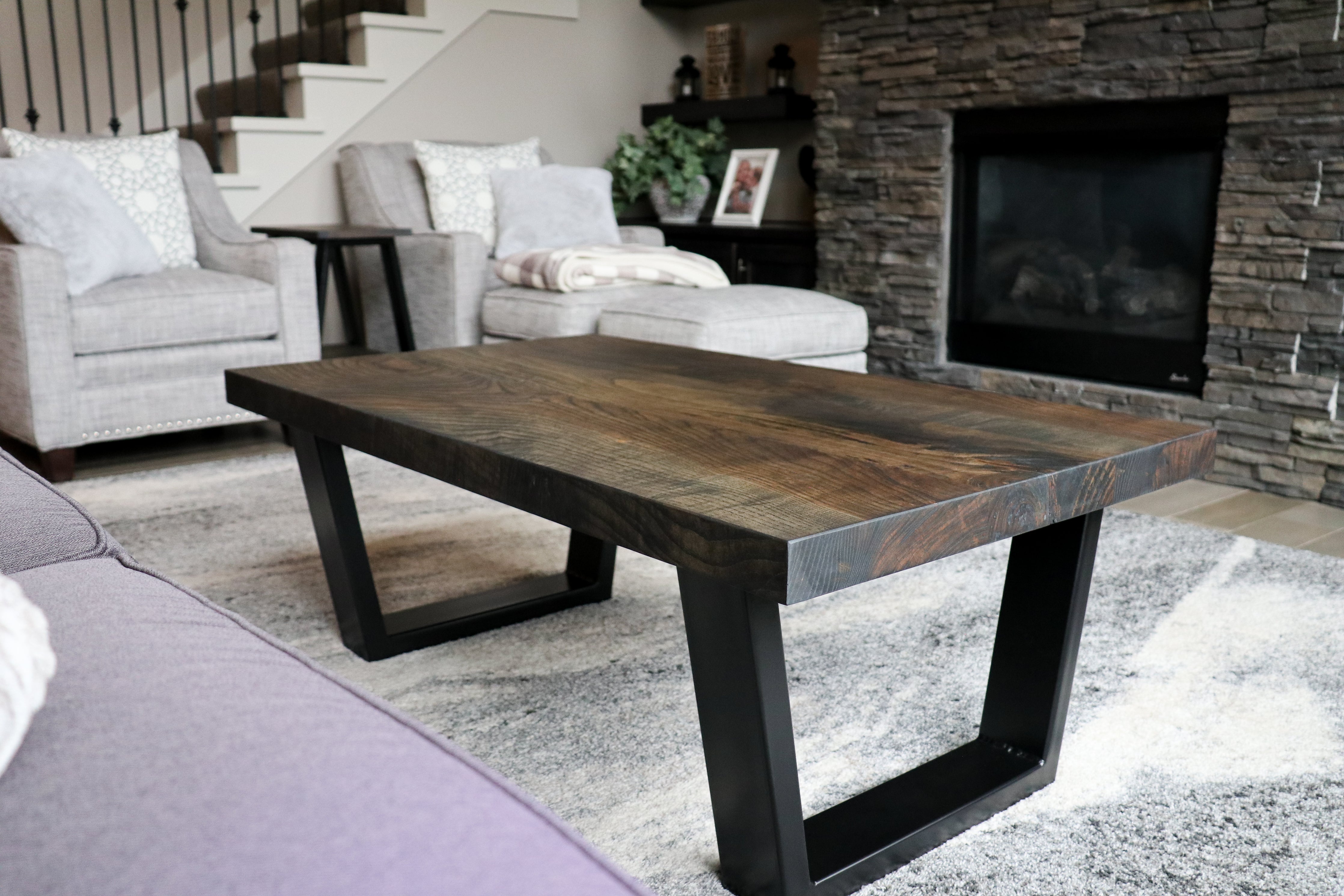 Modern Black Charcoal Ash Wood and Tapered Steel Coffee Table