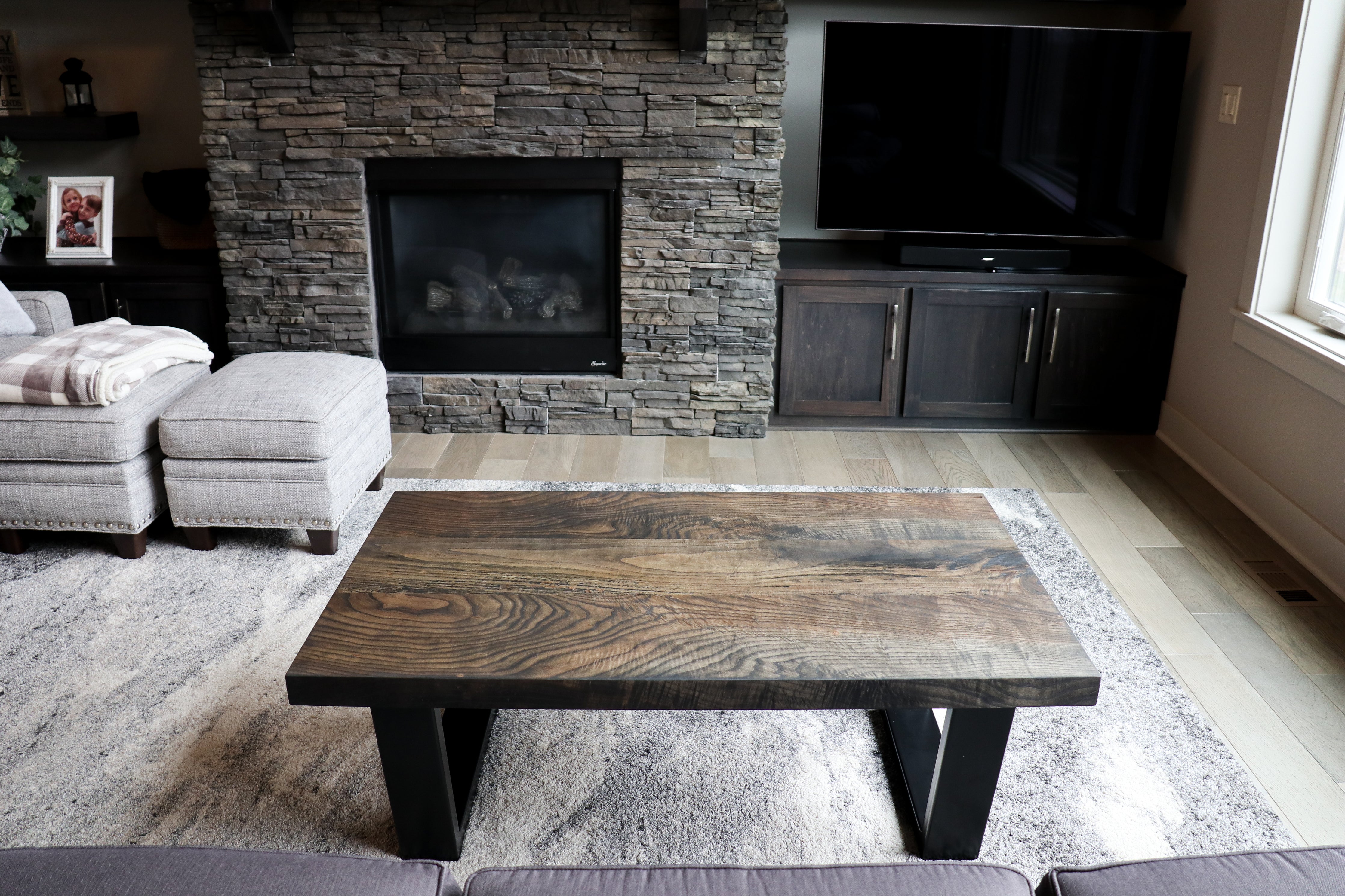 Modern Black Charcoal Ash Wood and Tapered Steel Coffee Table