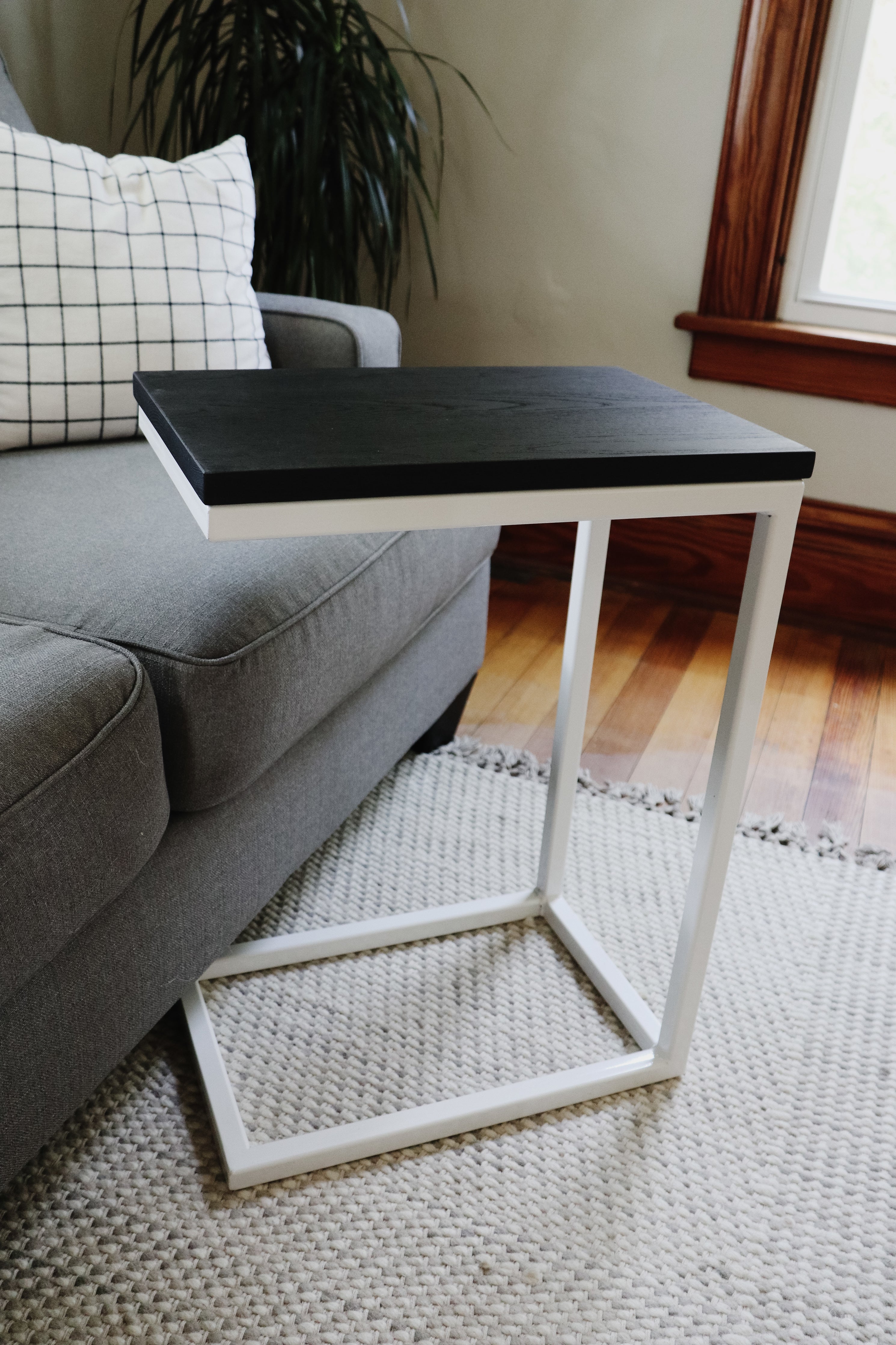 Charcoal Black Ash Industrial Side C Table with White Metal Base Handmade Furniture in Iowa, USA
