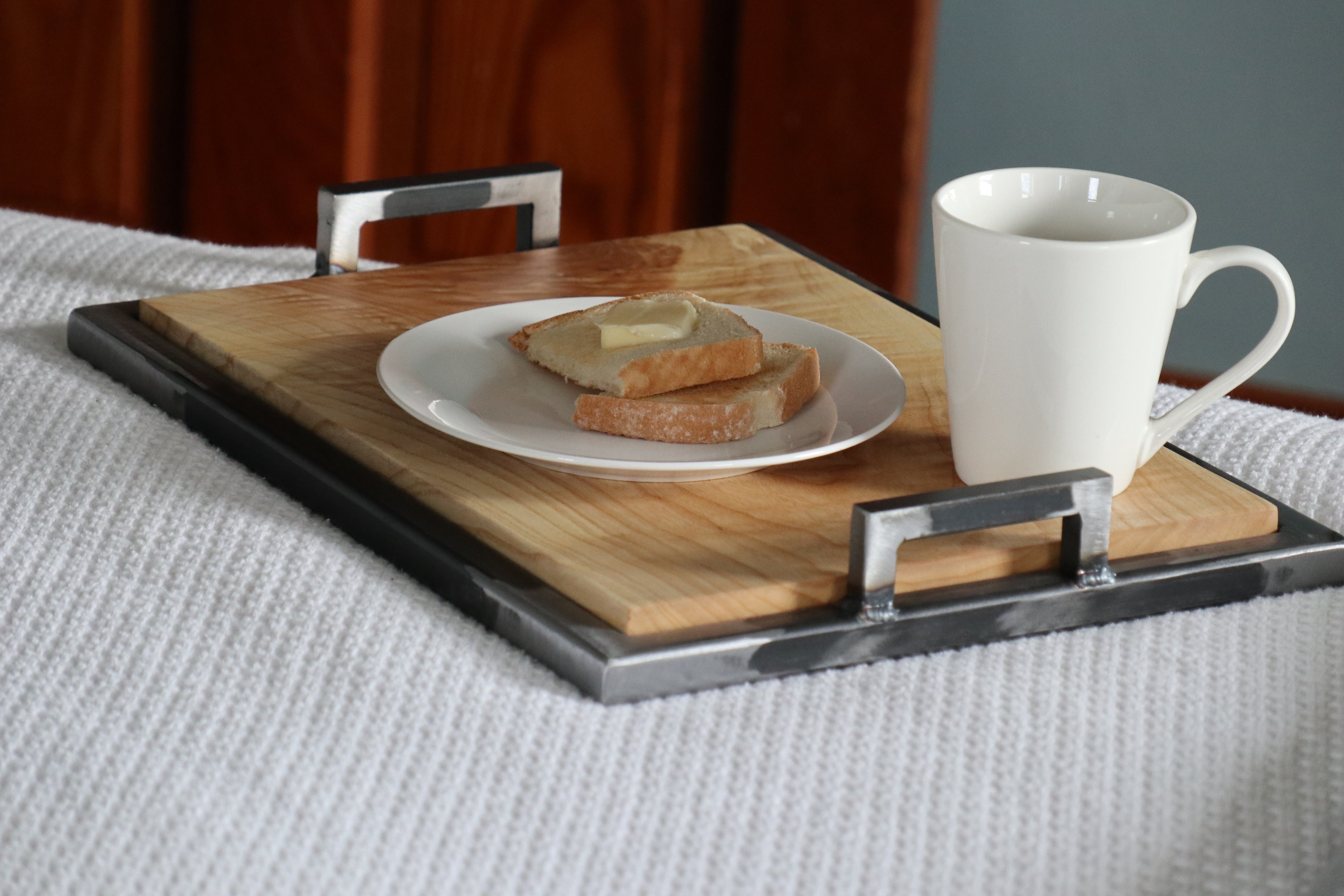 Ash Wood & Metal Bedroom or Bathroom Serving Tray with Handles Handmade Furniture in Iowa