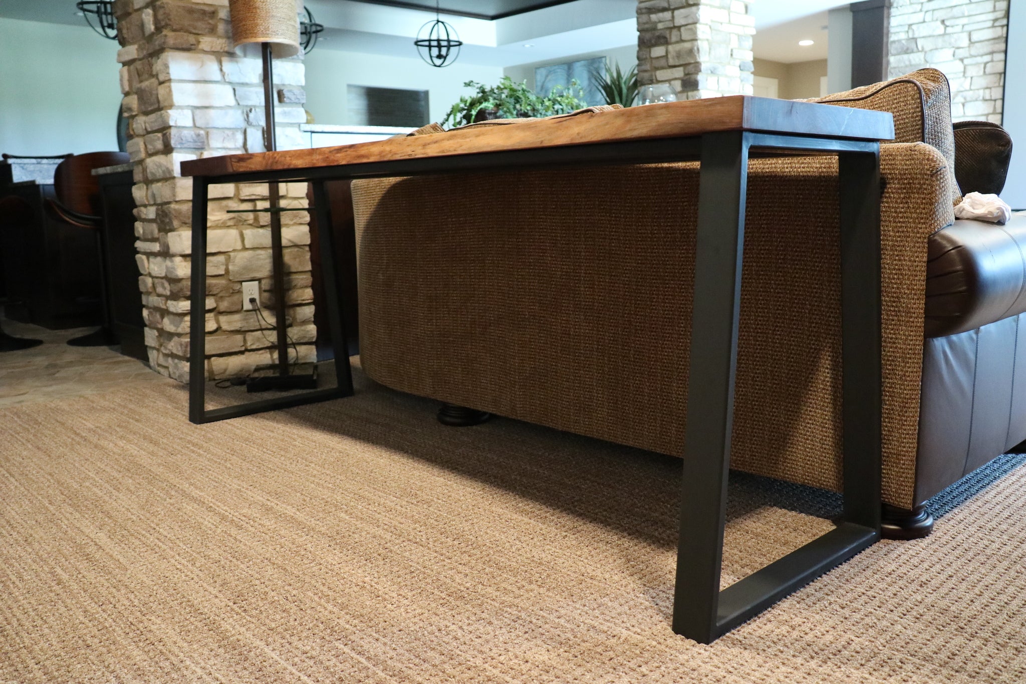 Narrow Live Edge Walnut Bar Table with Metal Base