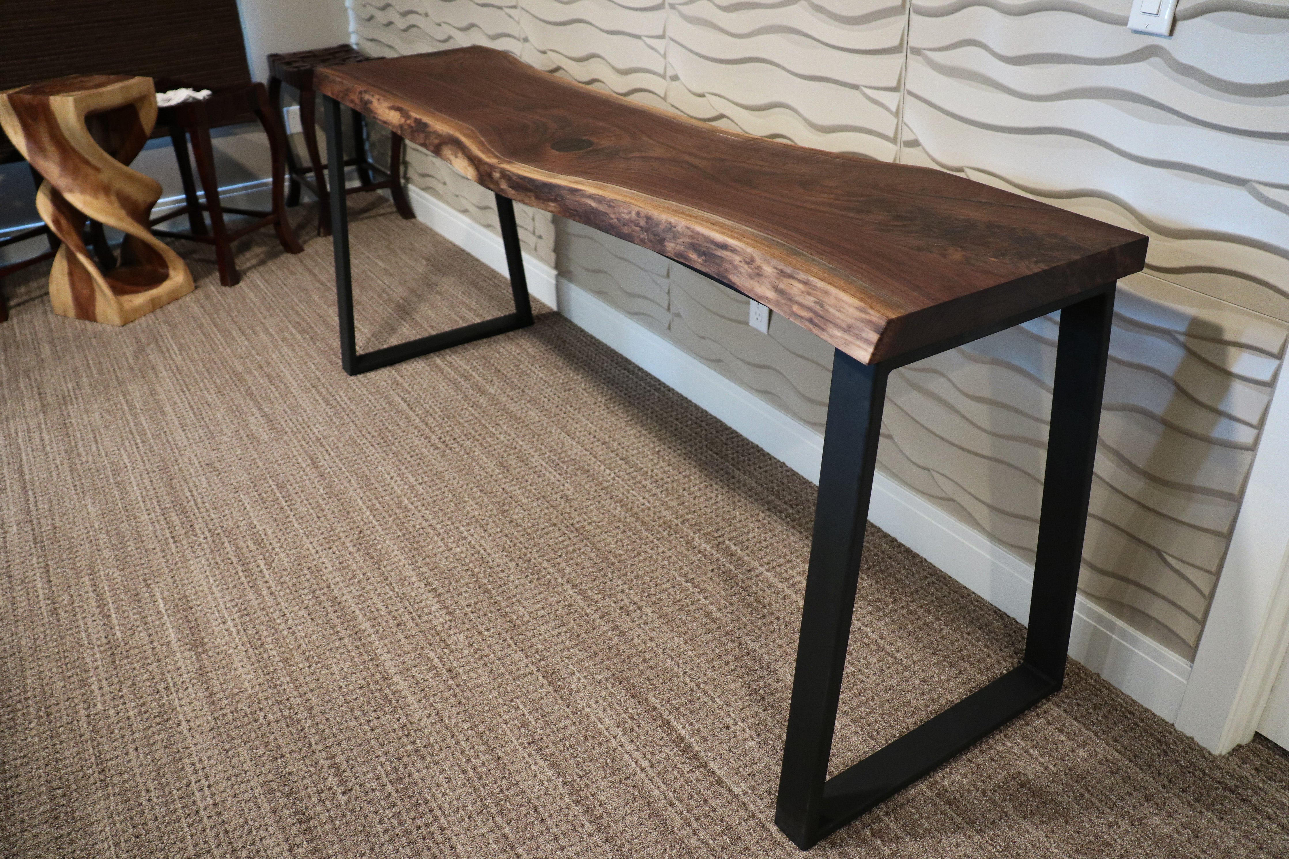 Narrow Live Edge Walnut Bar Table with Metal Base