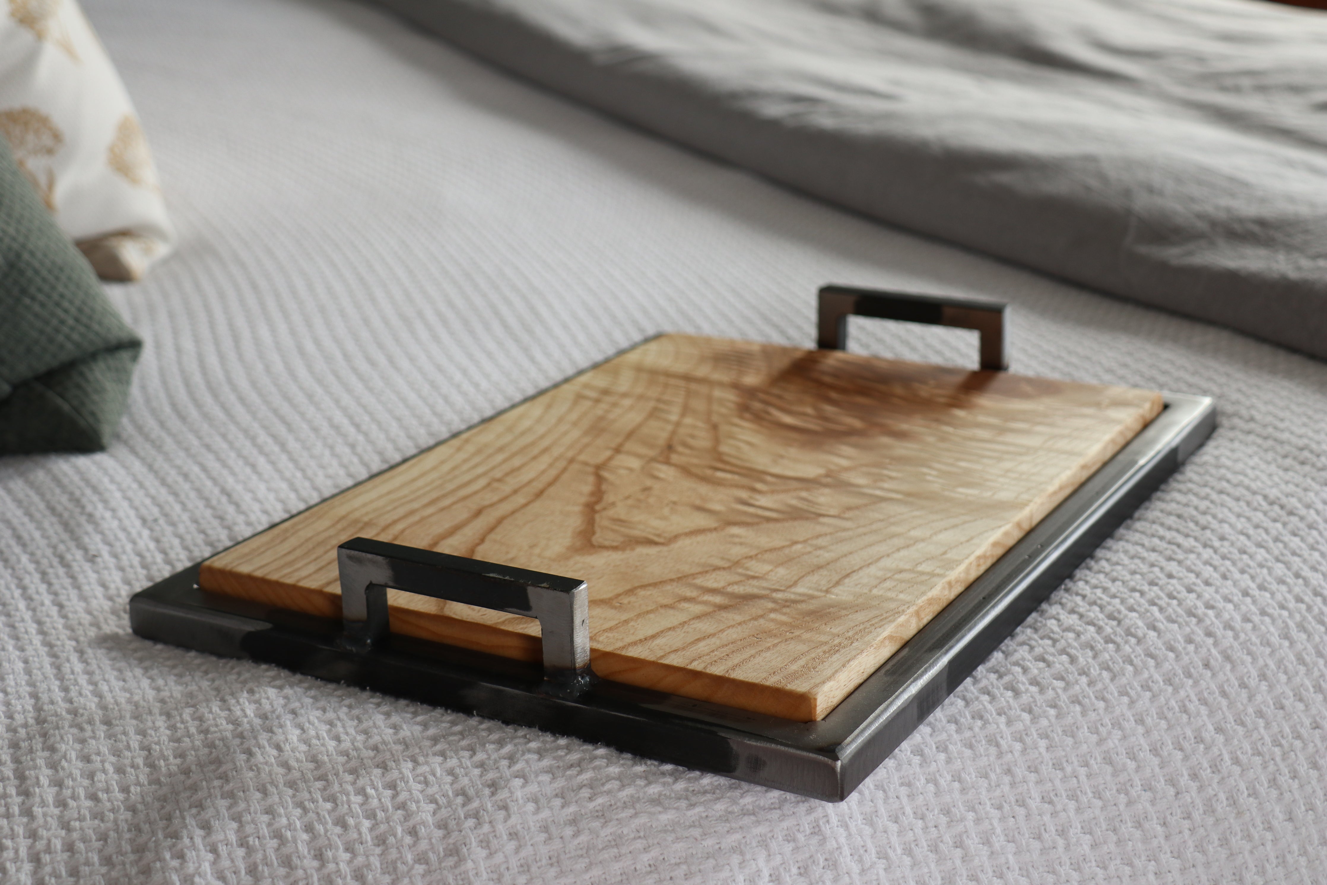 Ash Wood &amp; Metal Bedroom or Bathroom Serving Tray with Handles  Handmade Furniture in Iowa