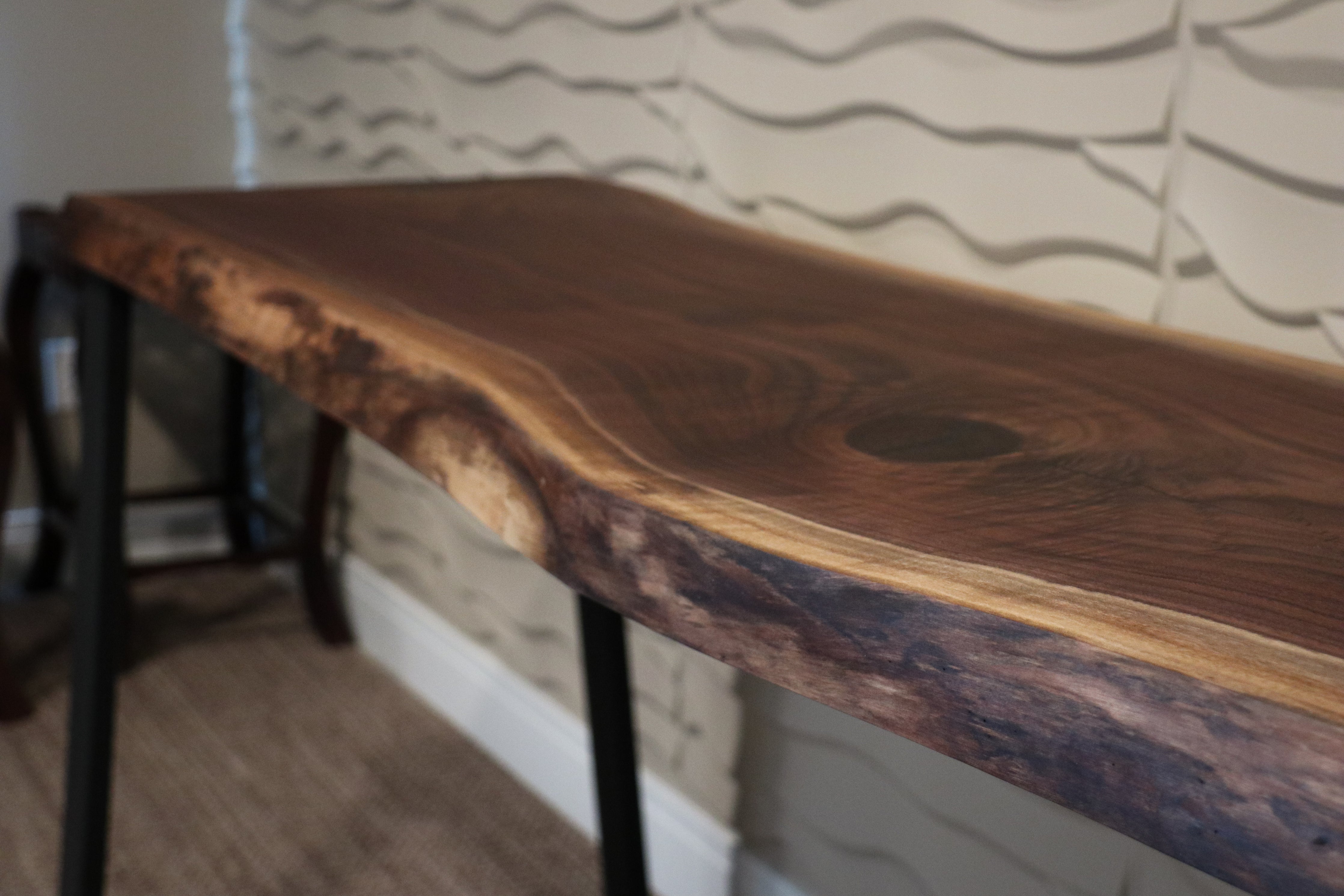 Narrow Live Edge Walnut Bar Table with Metal Base