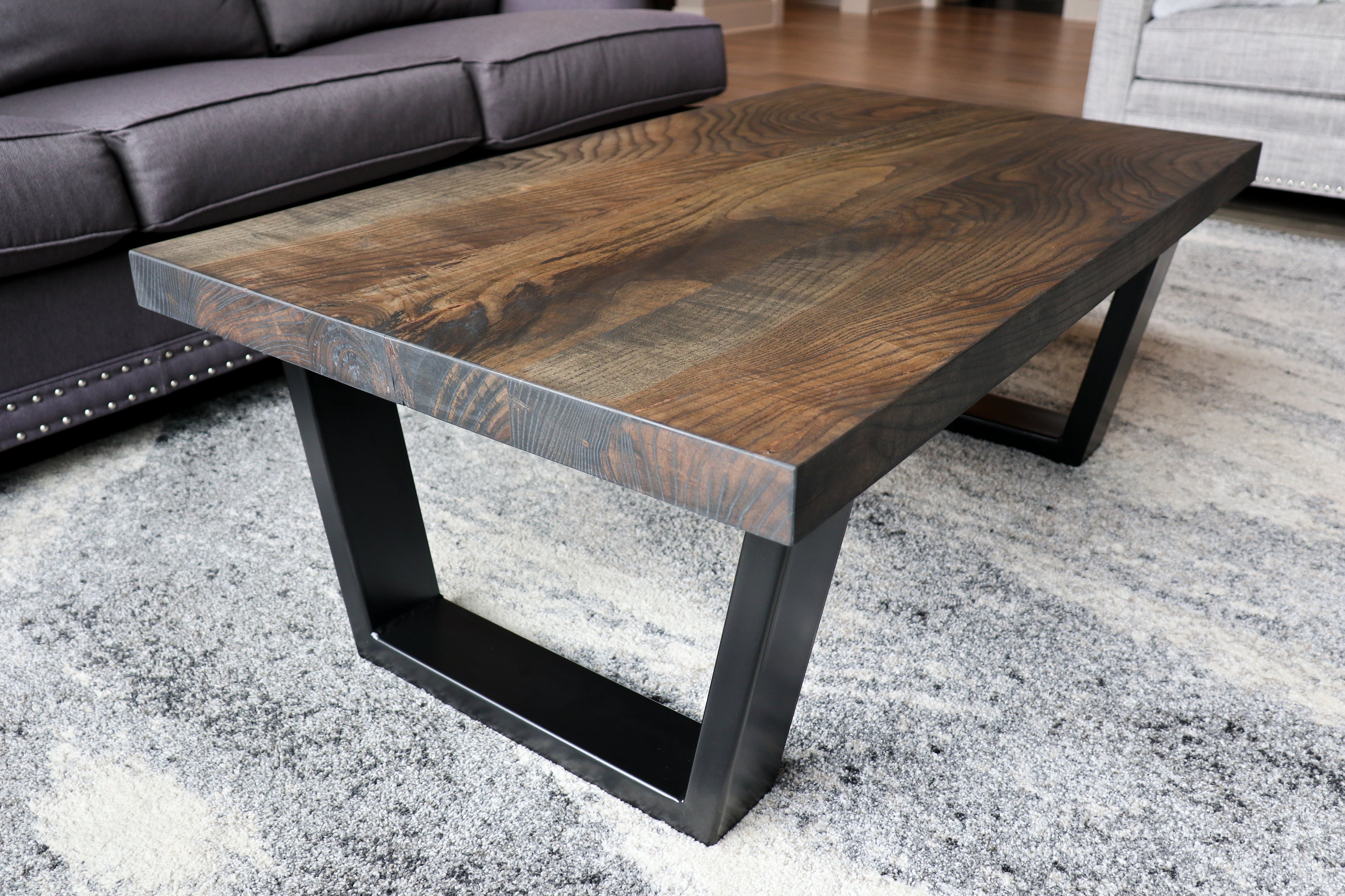 Modern Black Charcoal Ash Wood and Tapered Steel Coffee Table