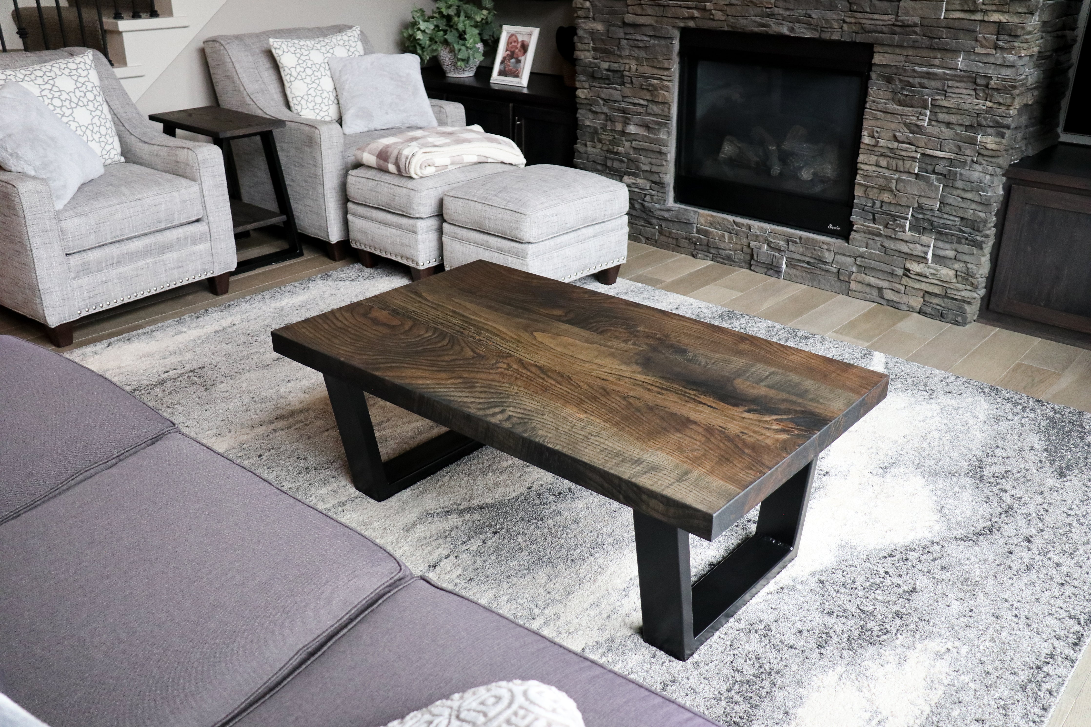 Modern Black Charcoal Ash Wood and Tapered Steel Coffee Table