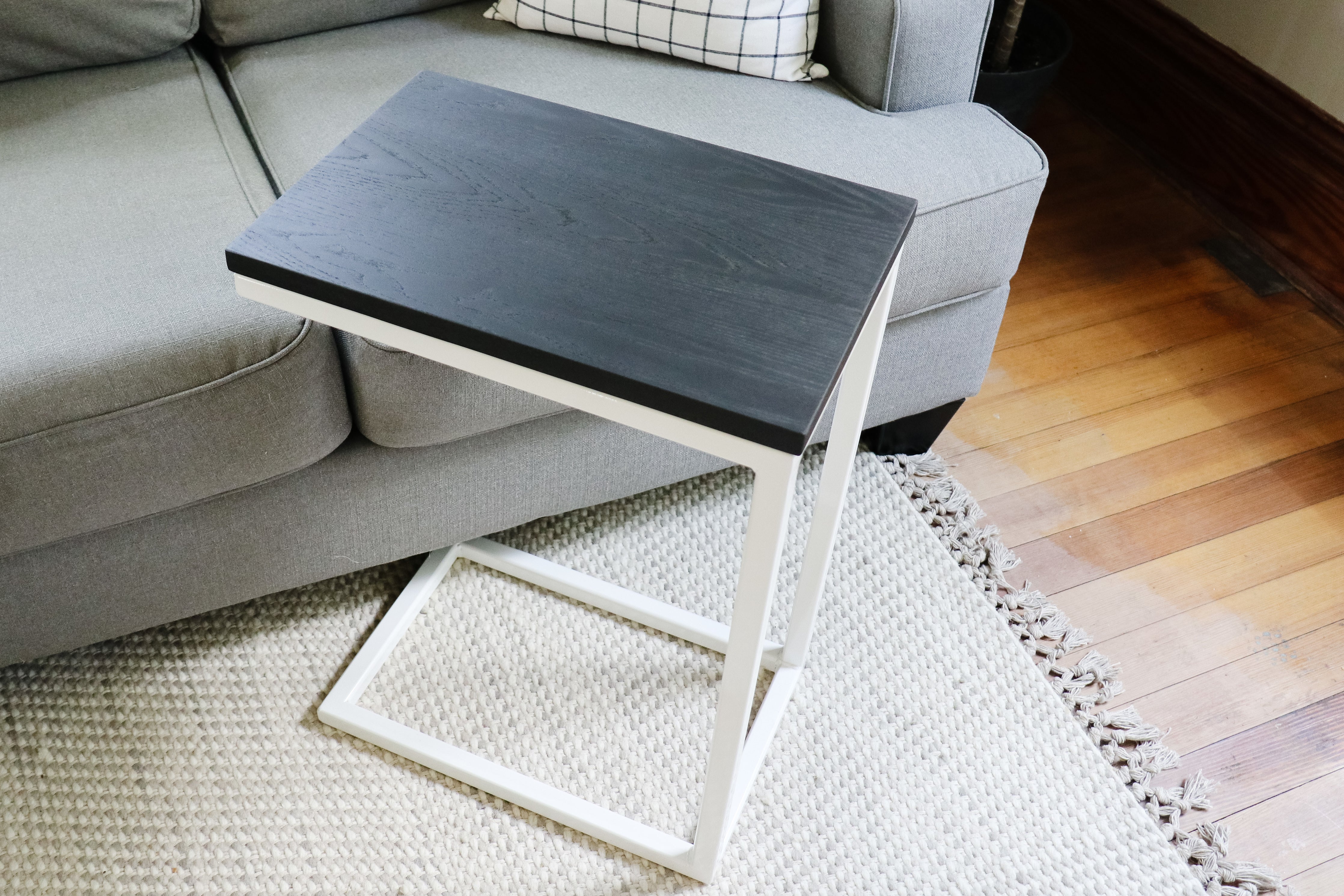 Charcoal Black Ash Industrial Side C Table with White Metal Base Handmade Furniture in Iowa, USA