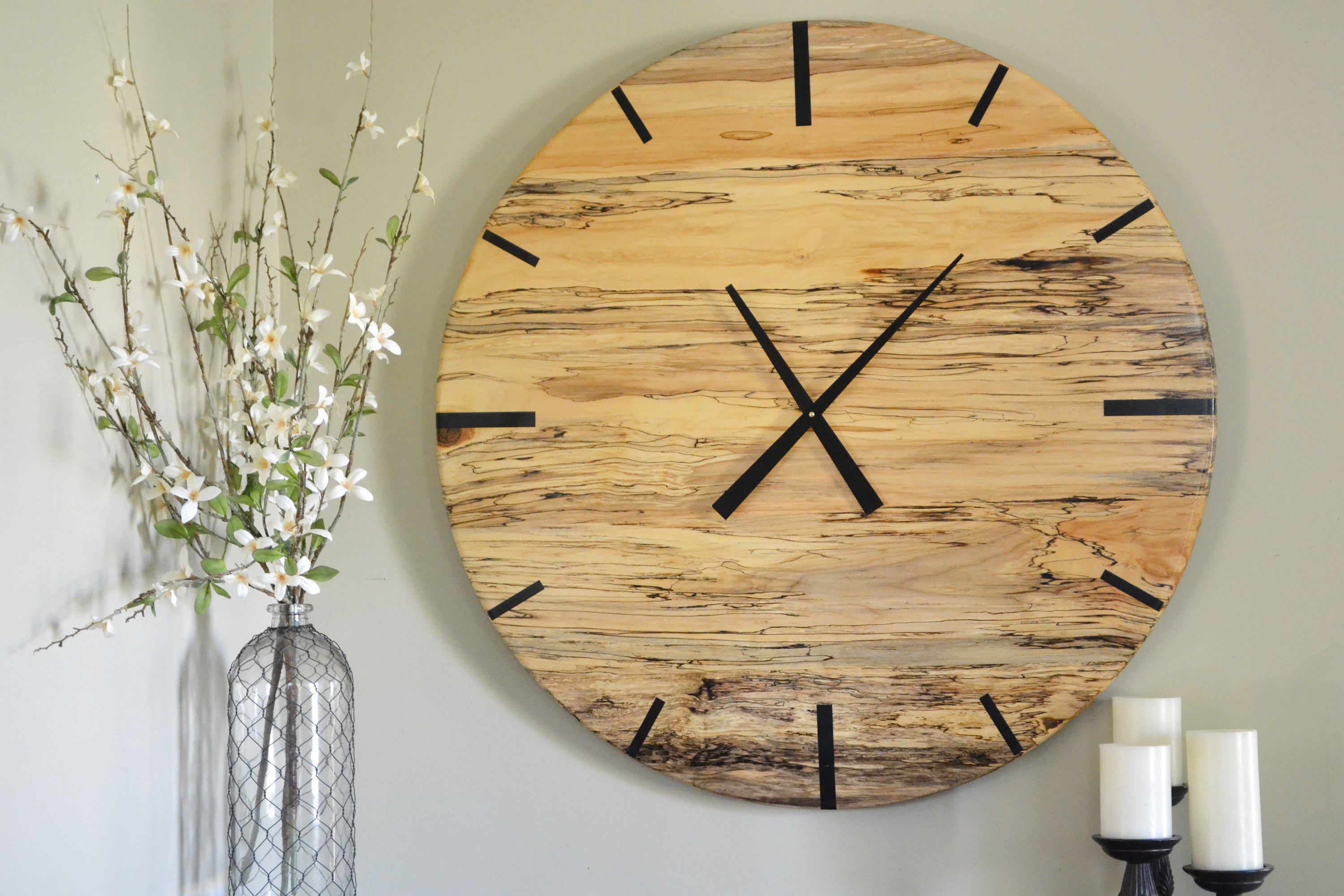 Mid Century Modern Hardwood Spalted Maple Wall Clock with Black Number Lines