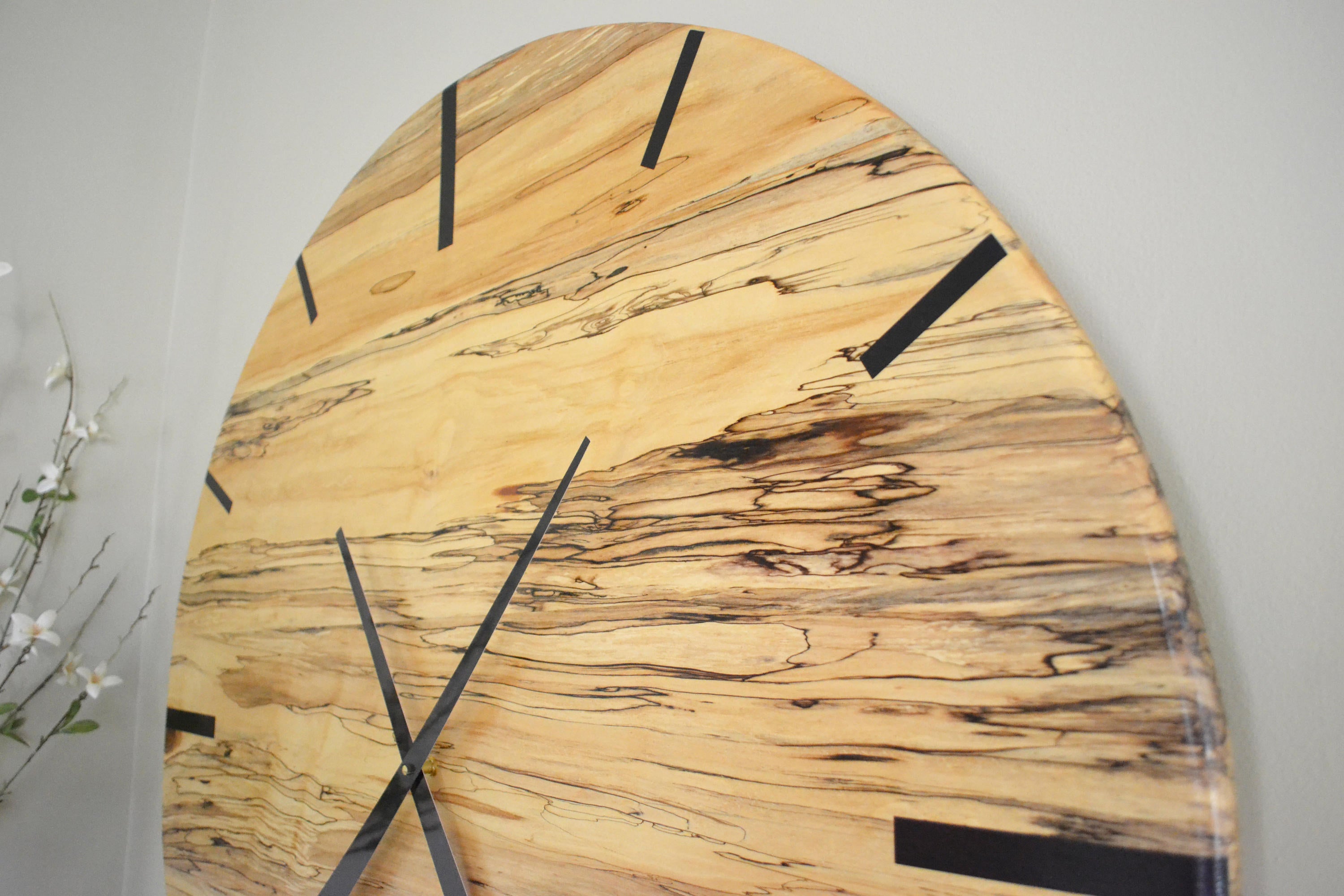 Mid Century Modern Hardwood Spalted Maple Wall Clock with Black Number Lines