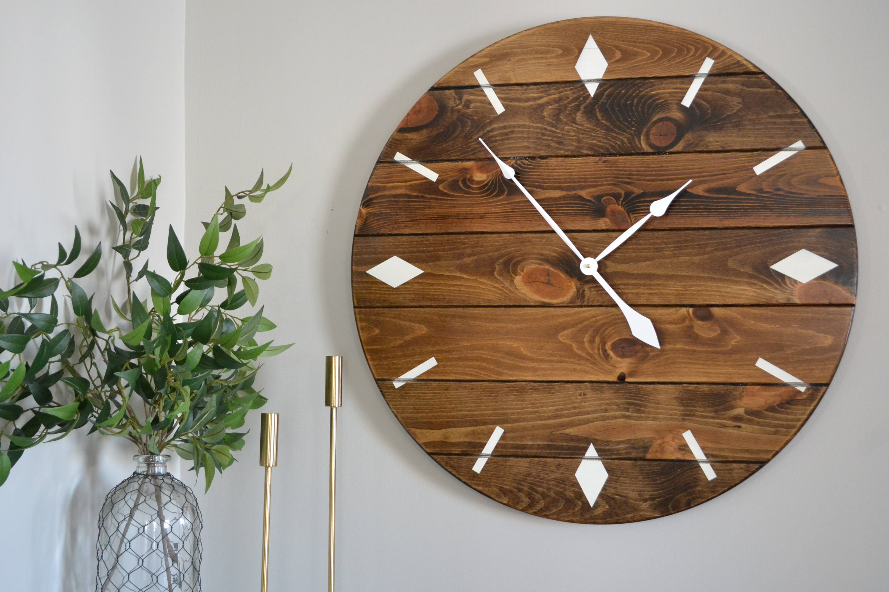 Minimalist Retro Inspired Dark Stained Large Wall Clock with White Numbers