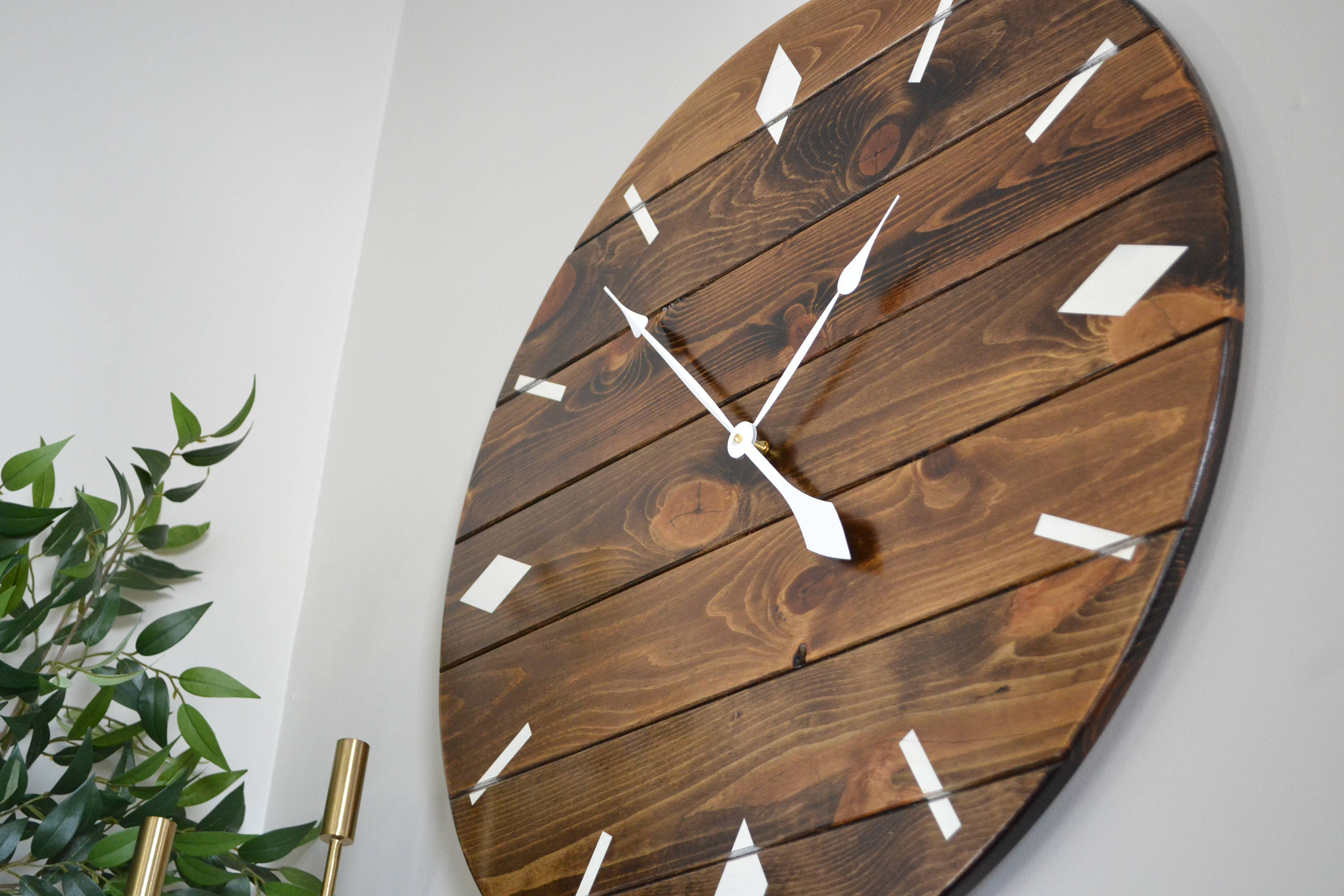 Minimalist Retro Inspired Dark Stained Large Wall Clock with White Numbers