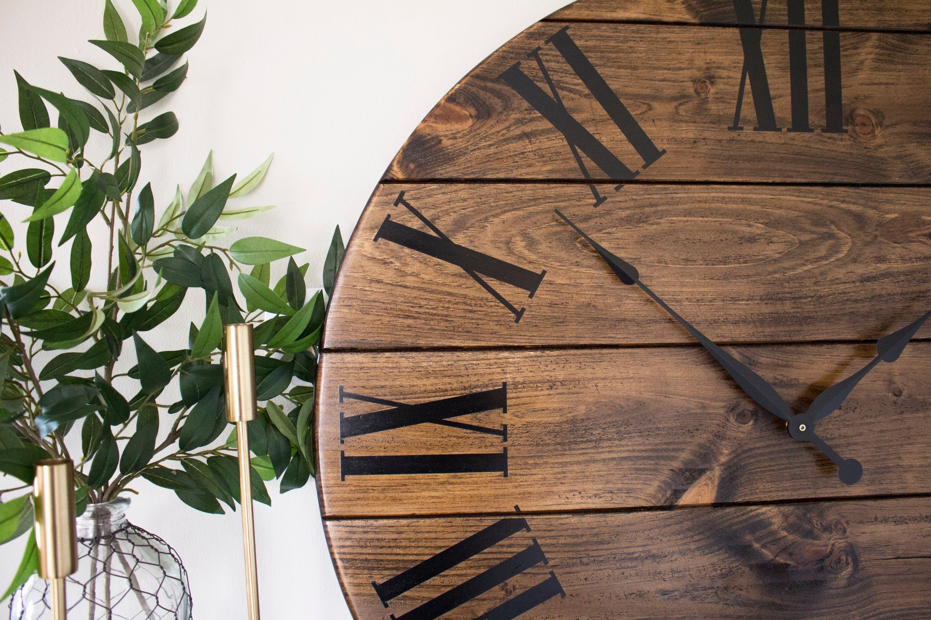 Dark Stained Large Farmhouse Wall Clock with Black Roman Numerals Handmade Furniture in Iowa, USA