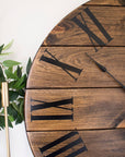 Dark Stained Large Farmhouse Wall Clock with Black Roman Numerals Handmade Furniture in Iowa, USA