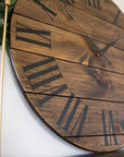 Dark Stained Large Farmhouse Wall Clock with Black Roman Numerals Handmade Furniture in Iowa, USA