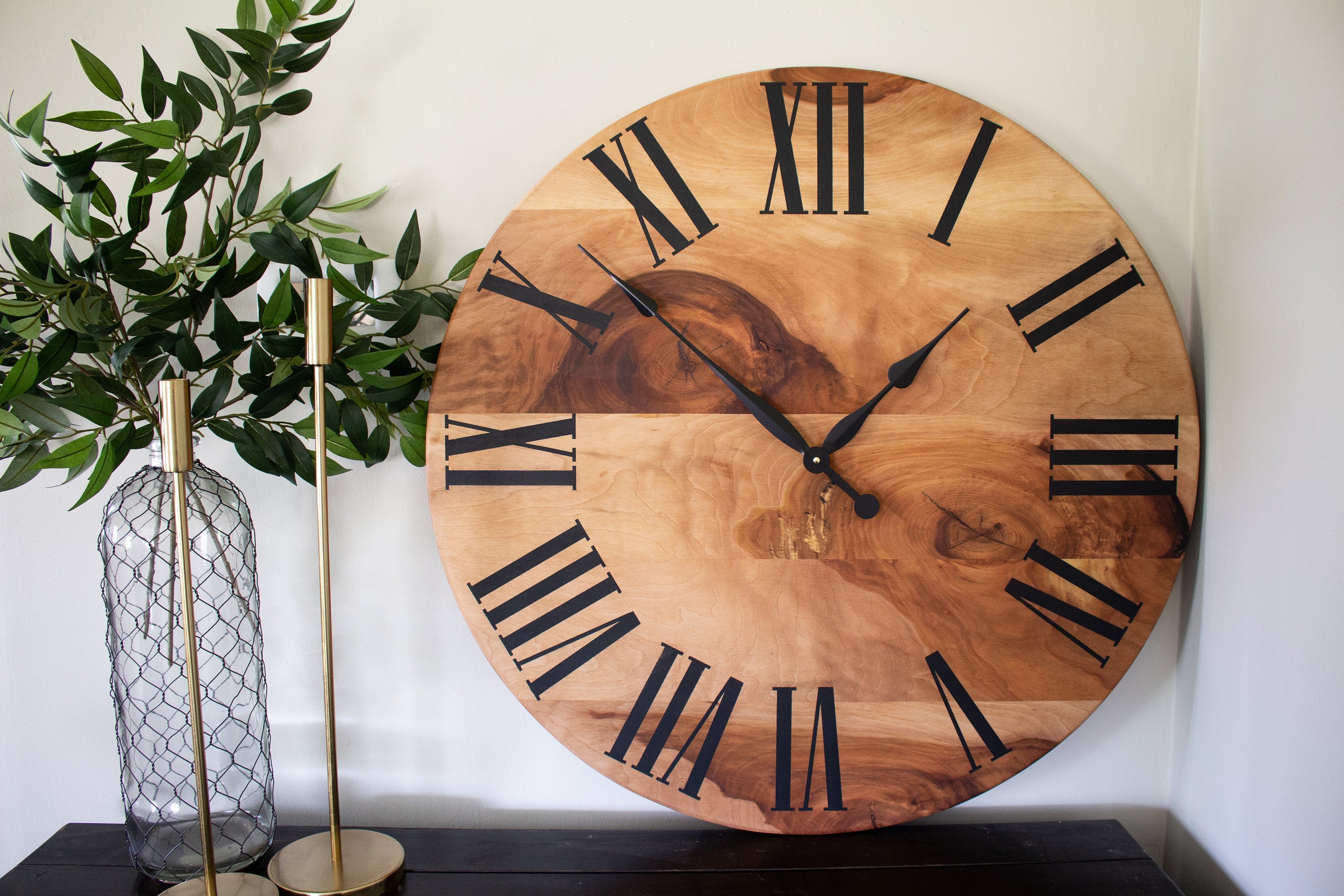 Large Solid Sycamore Hardwood Farmhouse Wall Clock with Black Roman Numerals