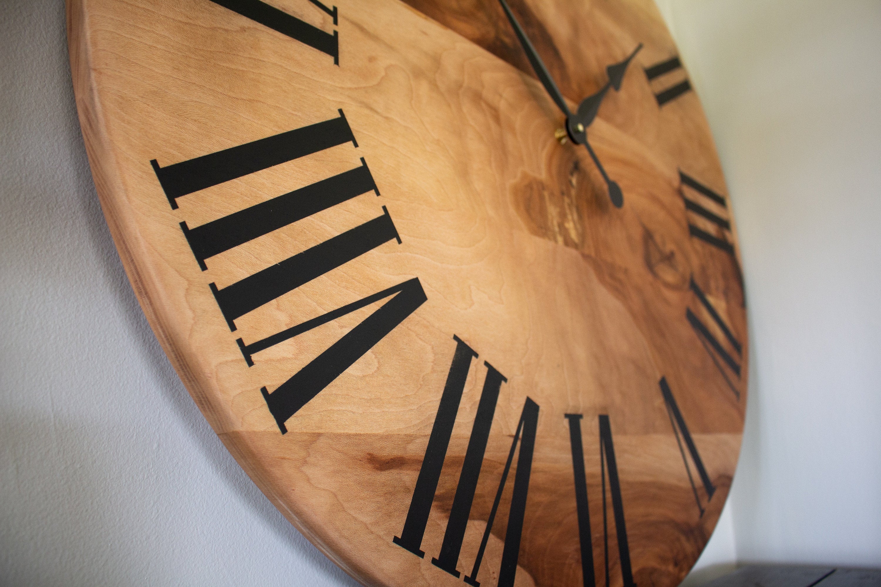 Large Solid Sycamore Hardwood Farmhouse Wall Clock with Black Roman Numerals