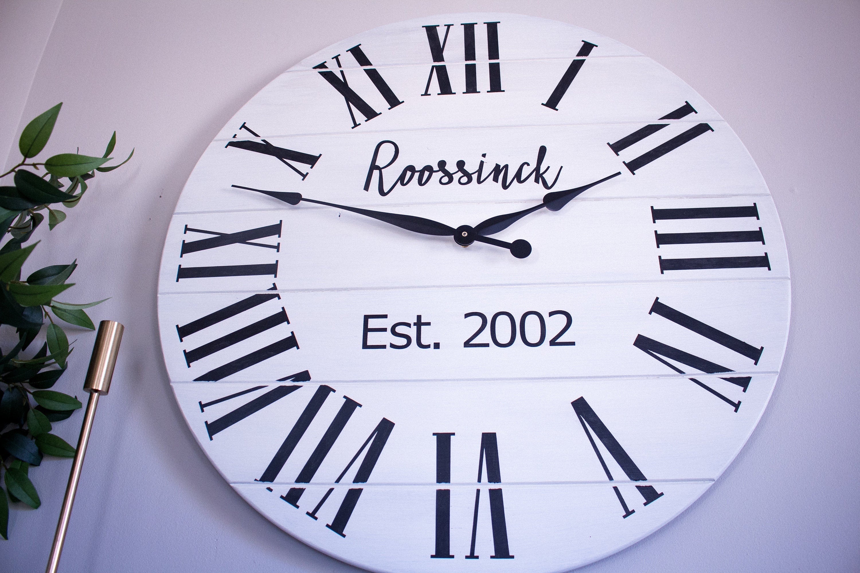 Personalized Modern Farmhouse White Shiplap Wooden Wall Clock with Black Roman Numerals