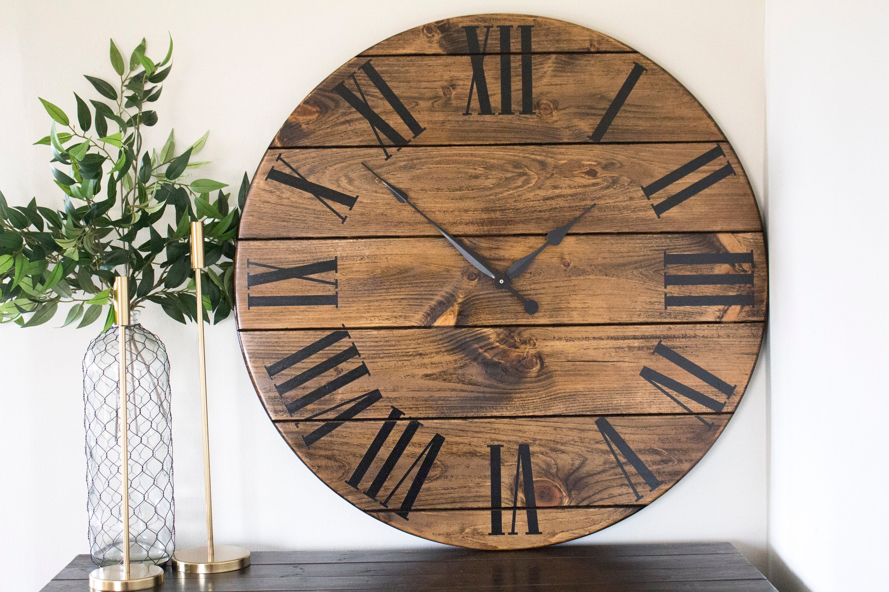 Dark Stained Large Farmhouse Wall Clock with Black Roman Numerals
