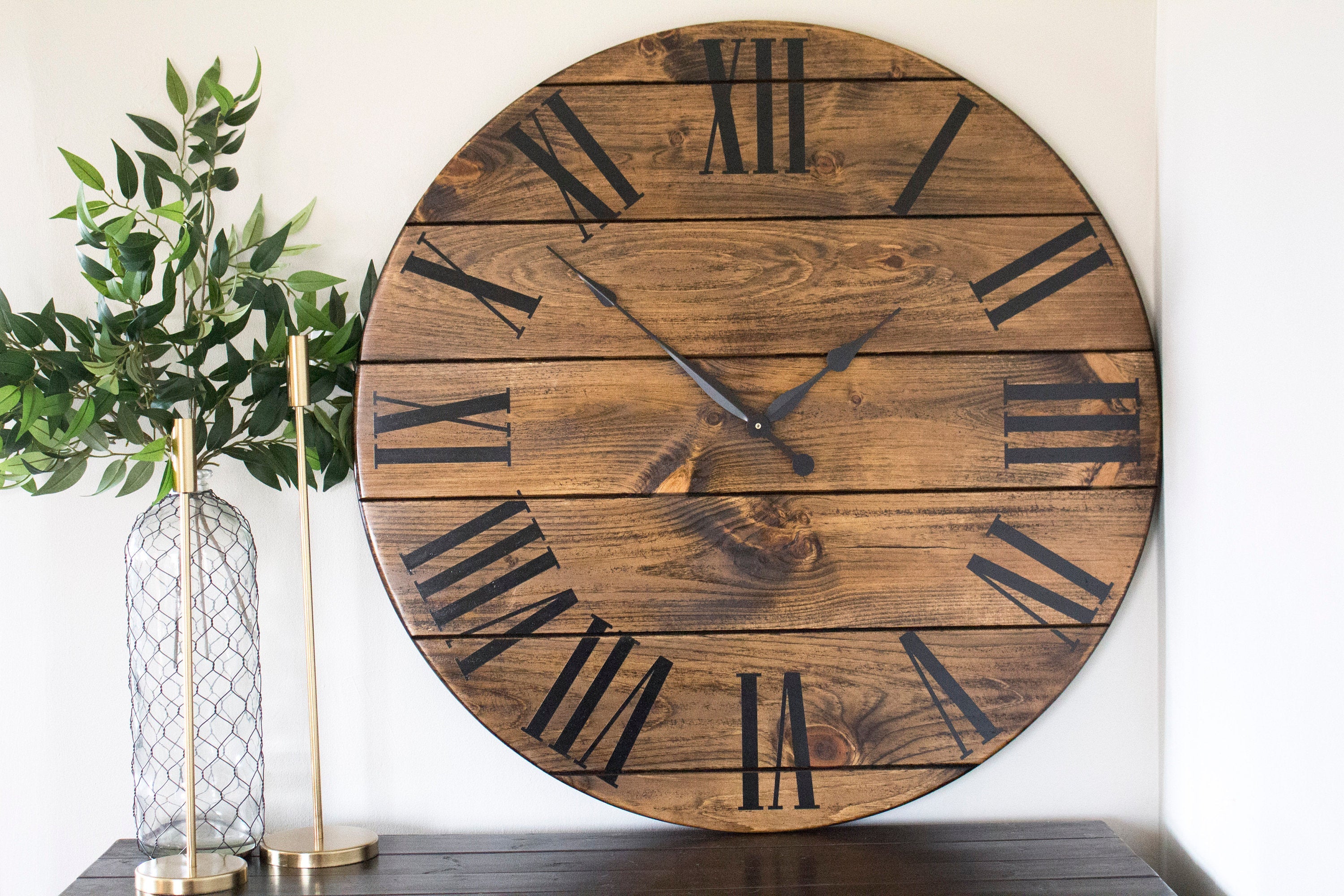 Dark Stained Large Farmhouse Wall Clock with Black Roman Numerals Handmade Furniture in Iowa, USA