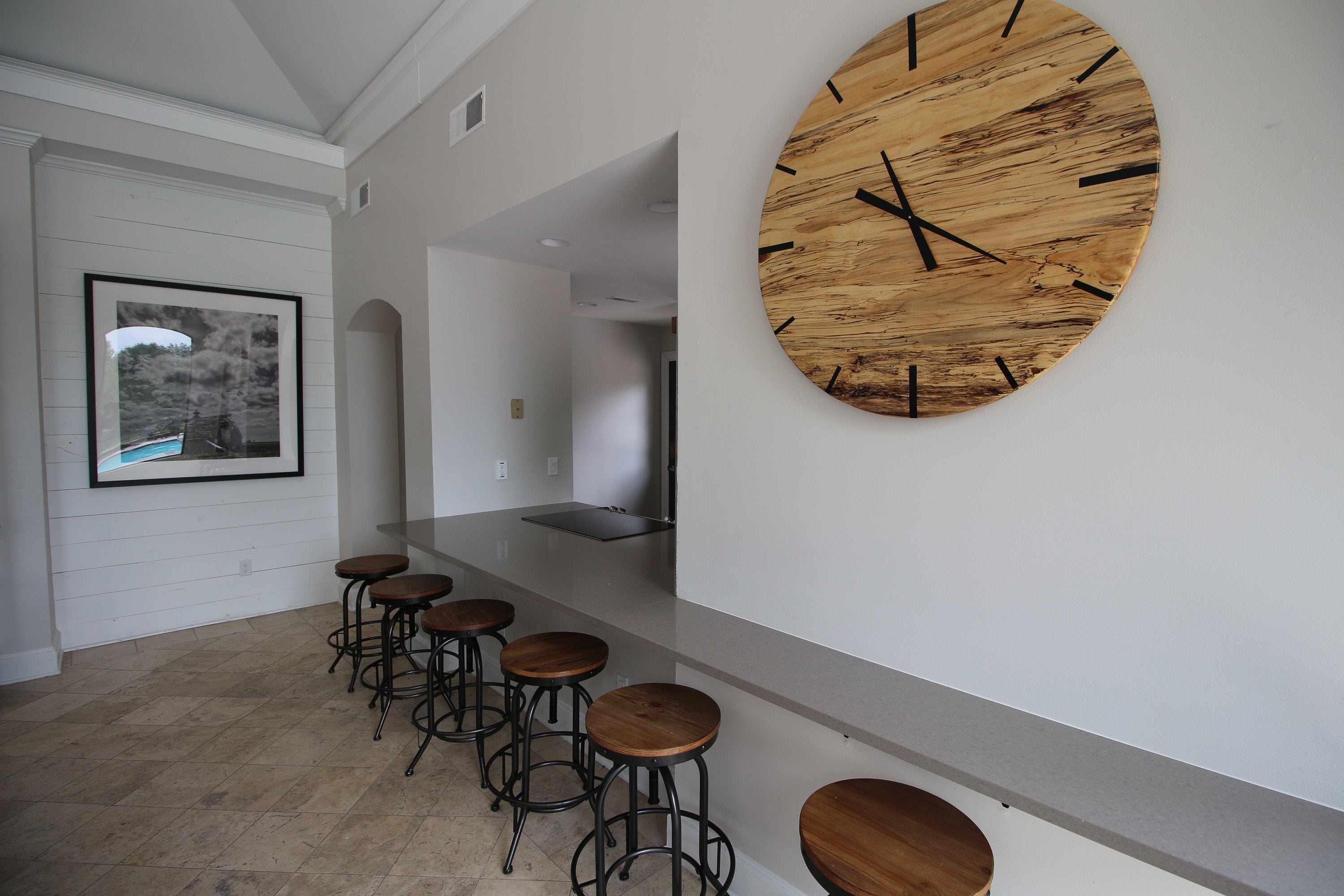 Mid Century Modern Hardwood Spalted Maple Wall Clock with Black Number Lines