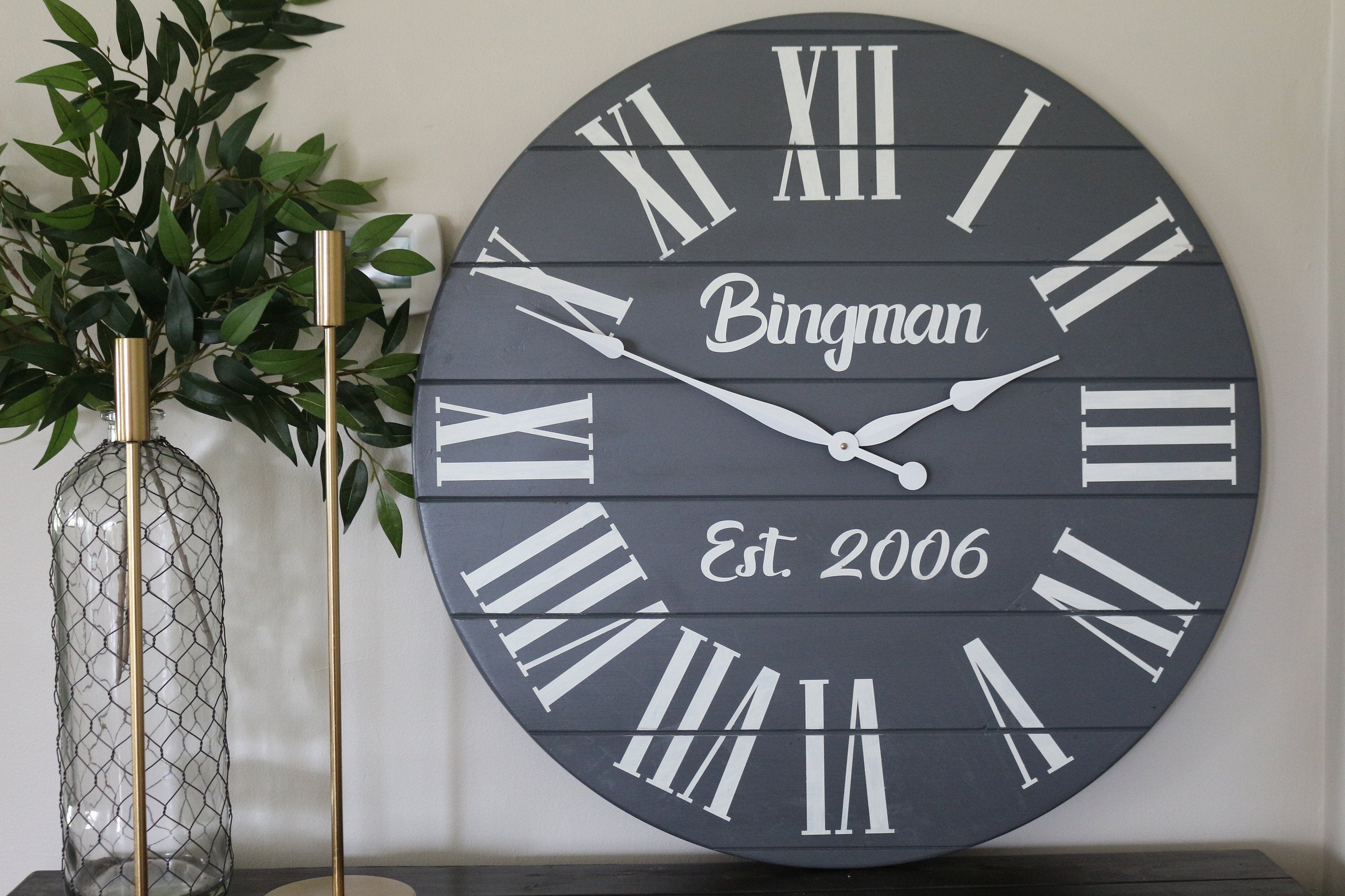 Personalized Large Grey Painted Wooden Clock with White Roman Numerals