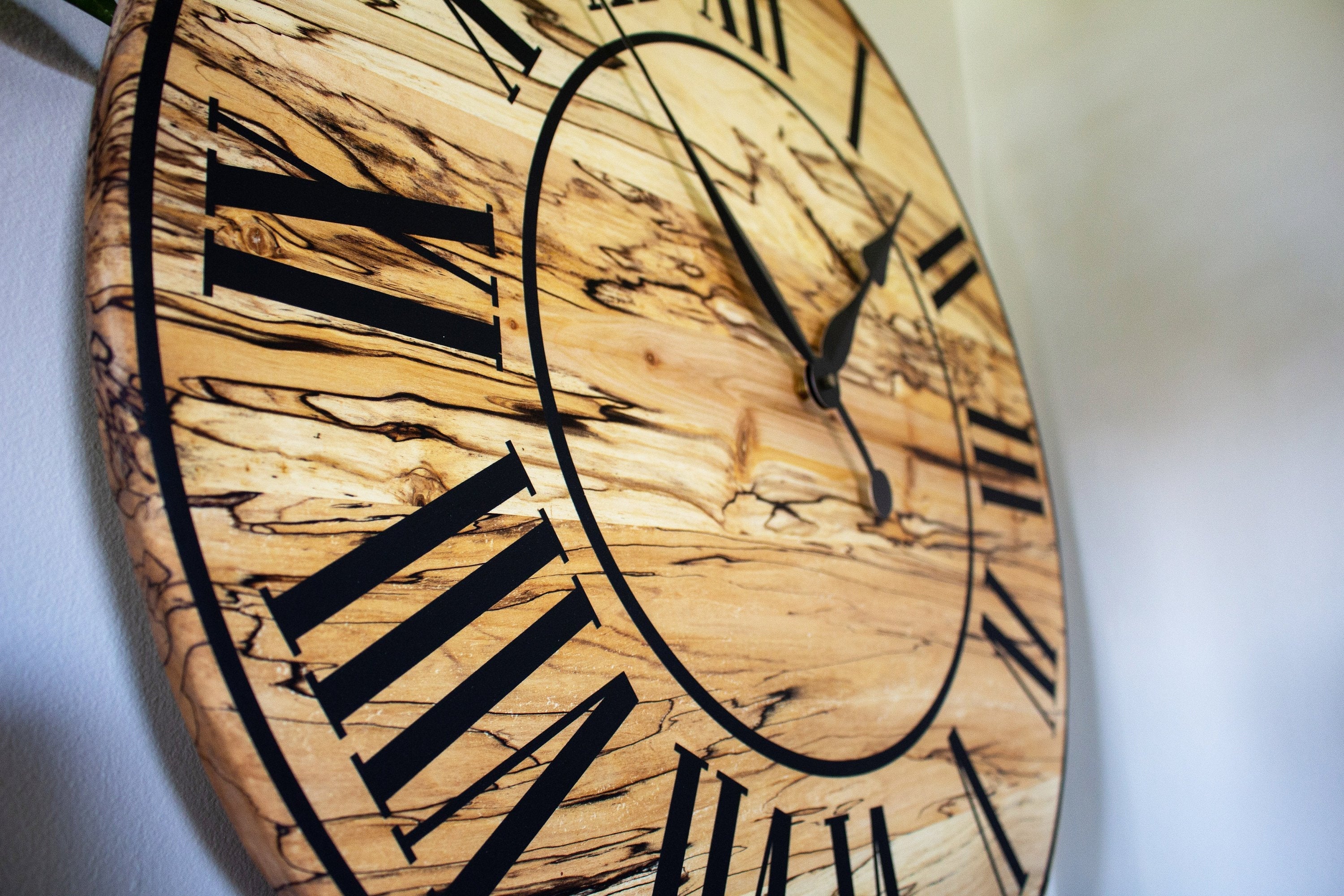 Solid Spalted Maple Wall Clock with Black Lines and Roman Numerals