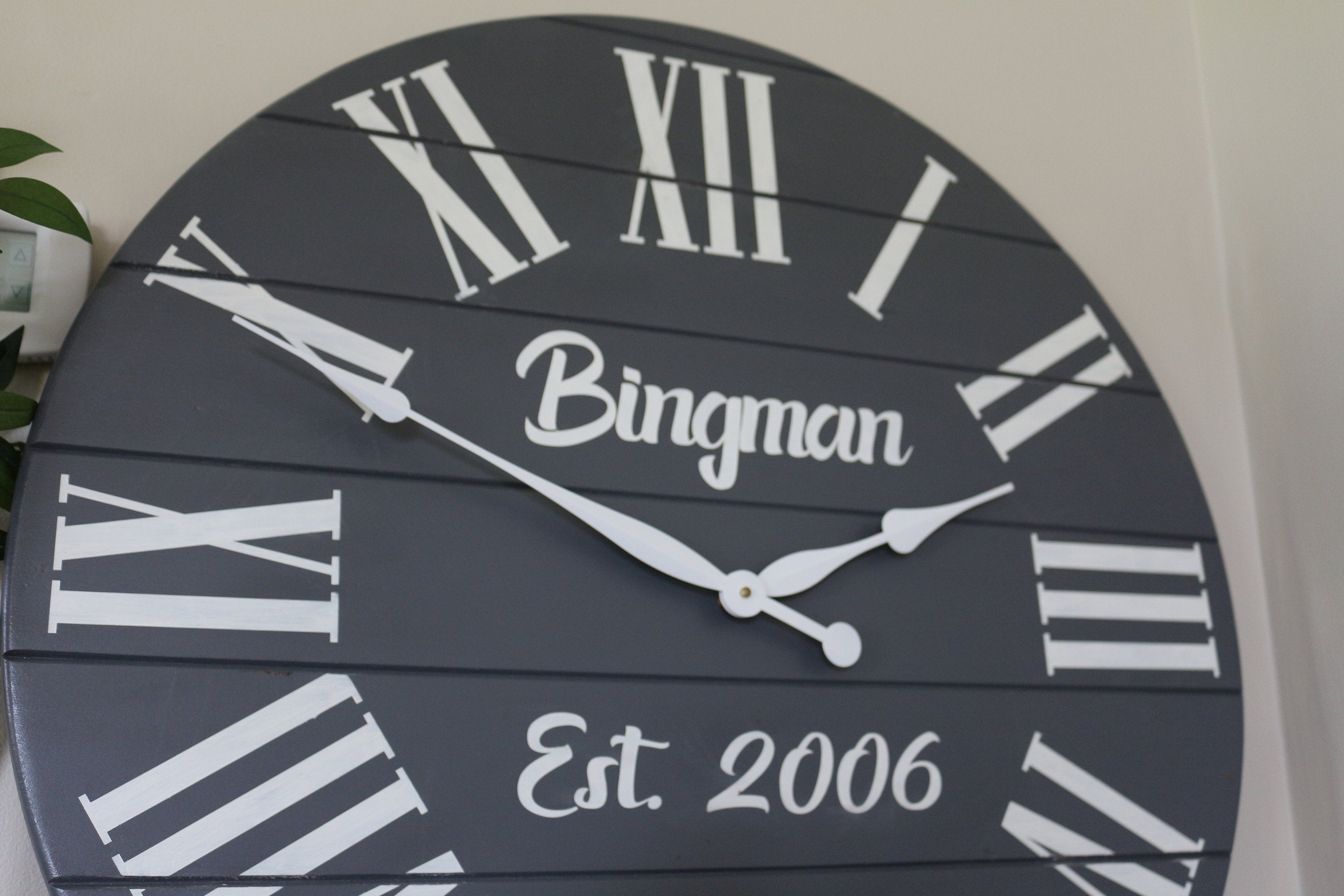 Personalized Large Grey Painted Wooden Clock with White Roman Numerals