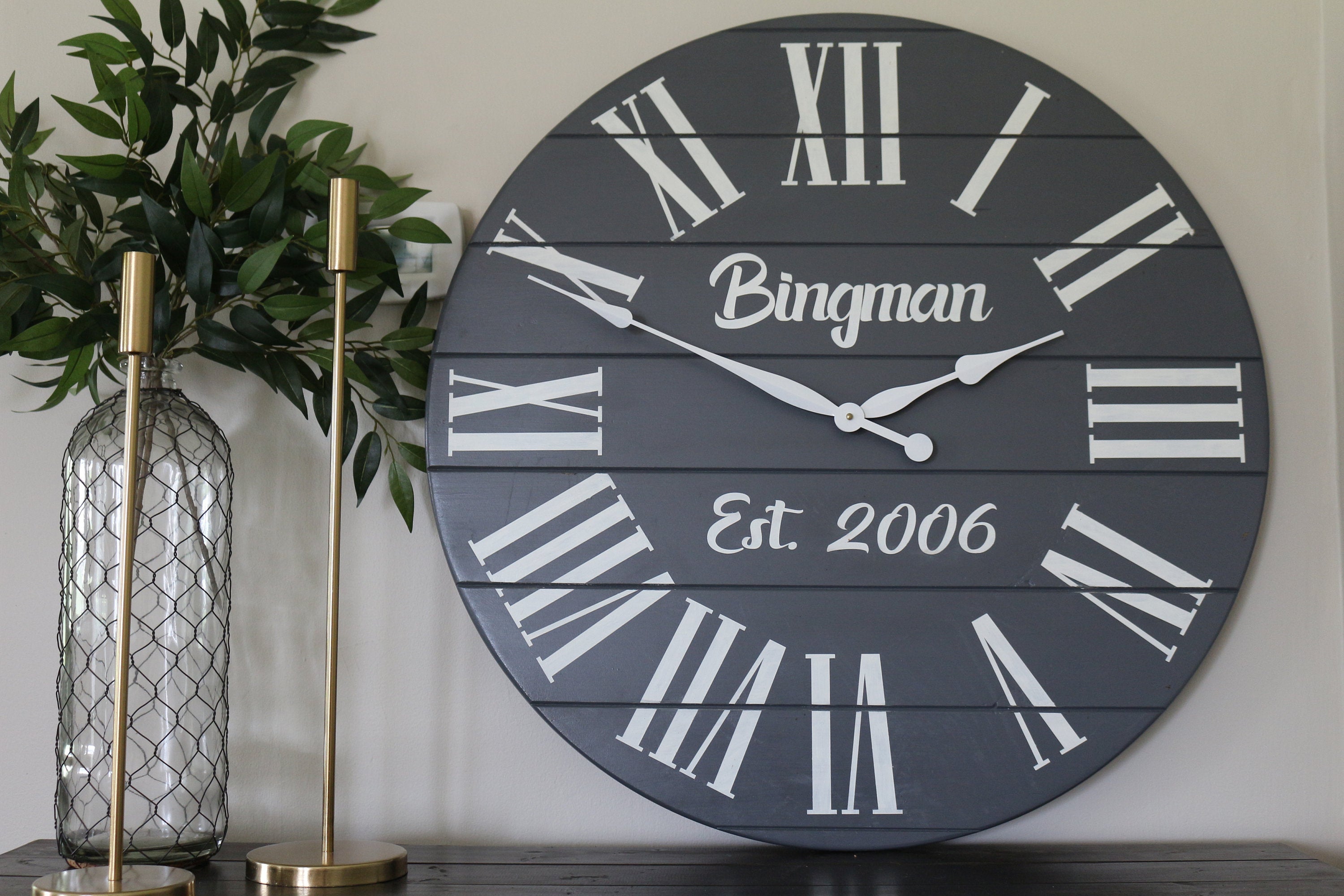 Personalized Large Grey Painted Wooden Clock with White Roman Numerals