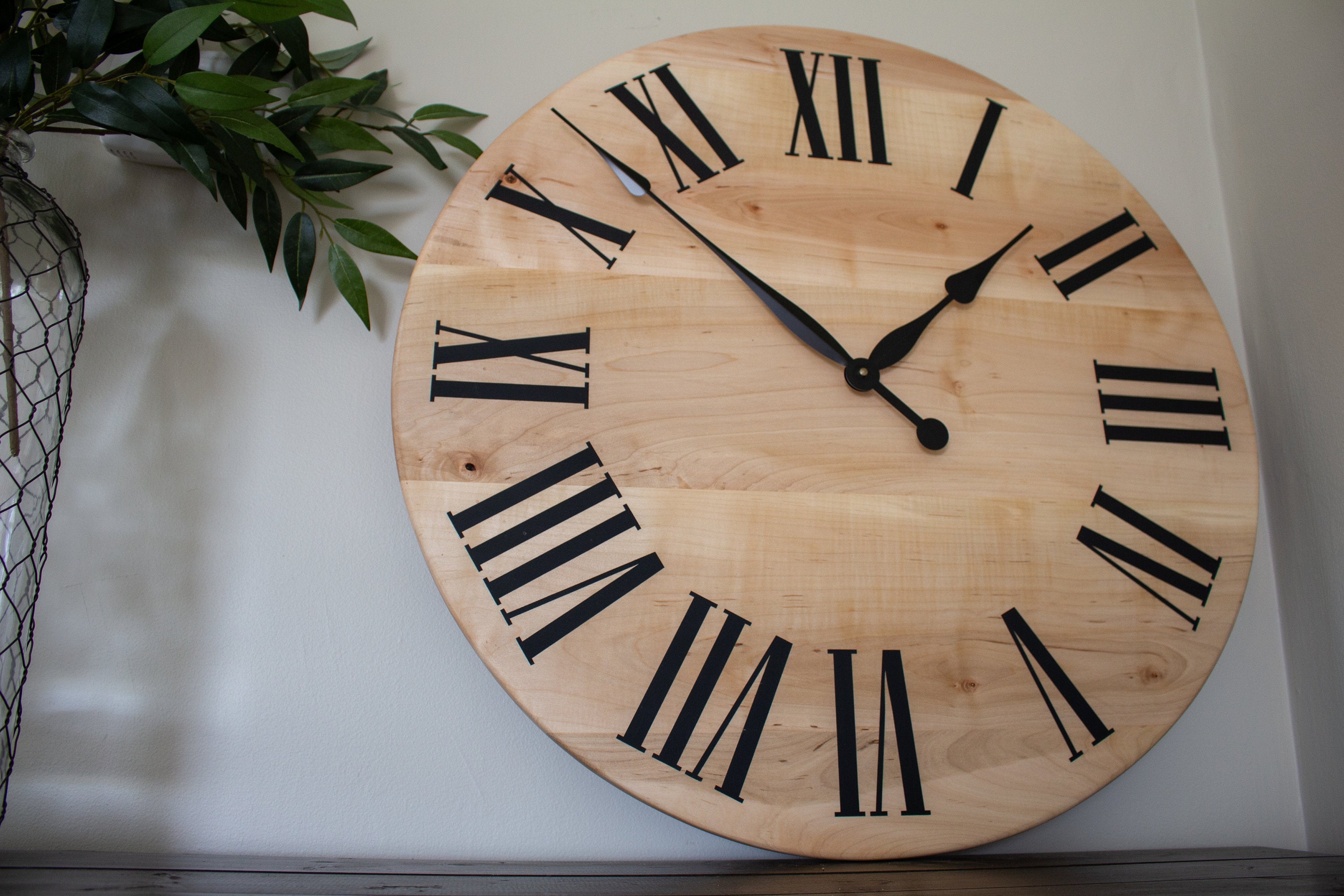 Large Solid Soft Maple Wood Clock with Black Roman Numerals
