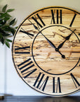 Solid Spalted Maple Wall Clock with Black Lines and Roman Numerals