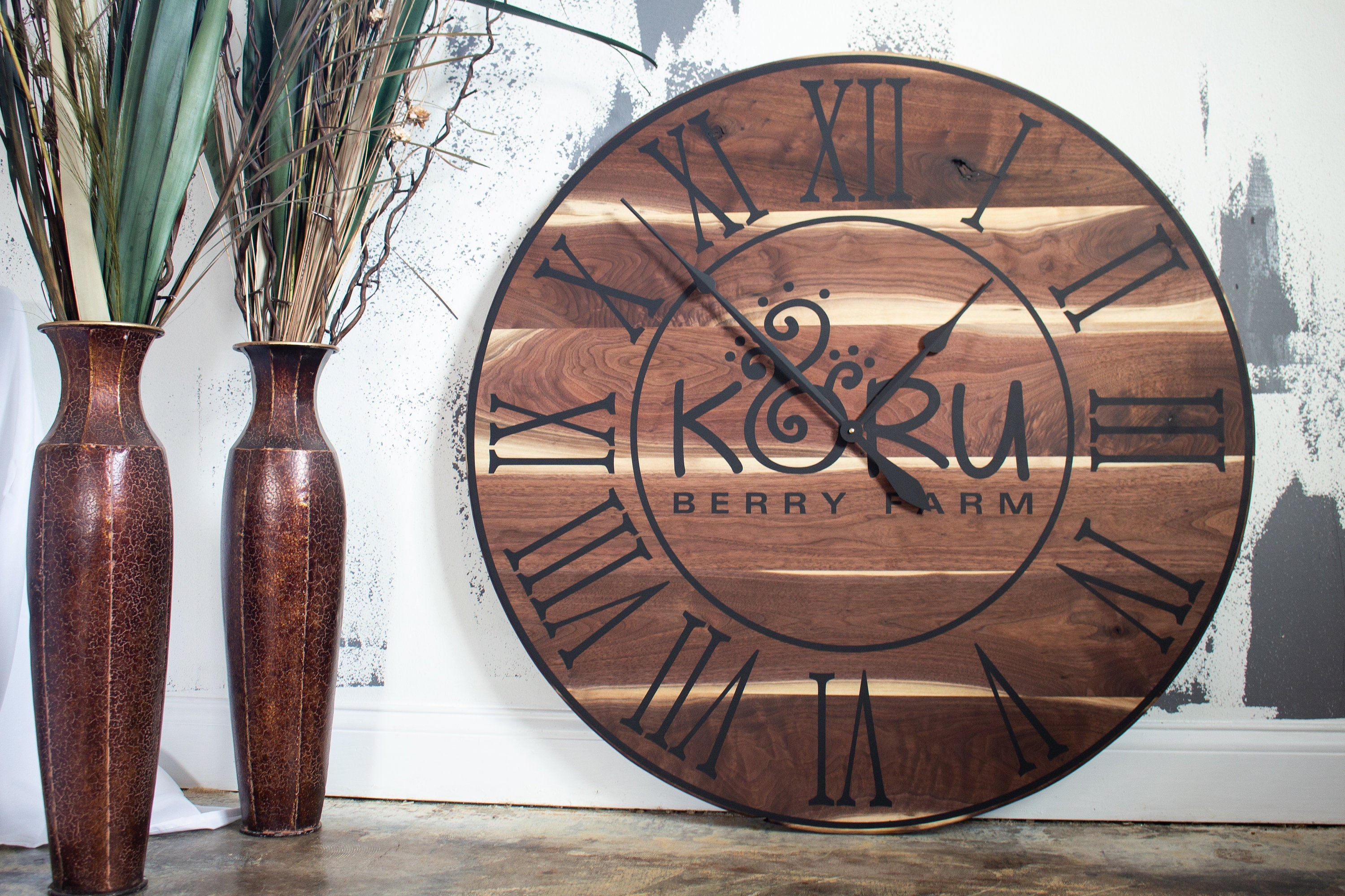 Live Edge Black Walnut Oversized Wall Clock with Black Lines and Roman Numerals