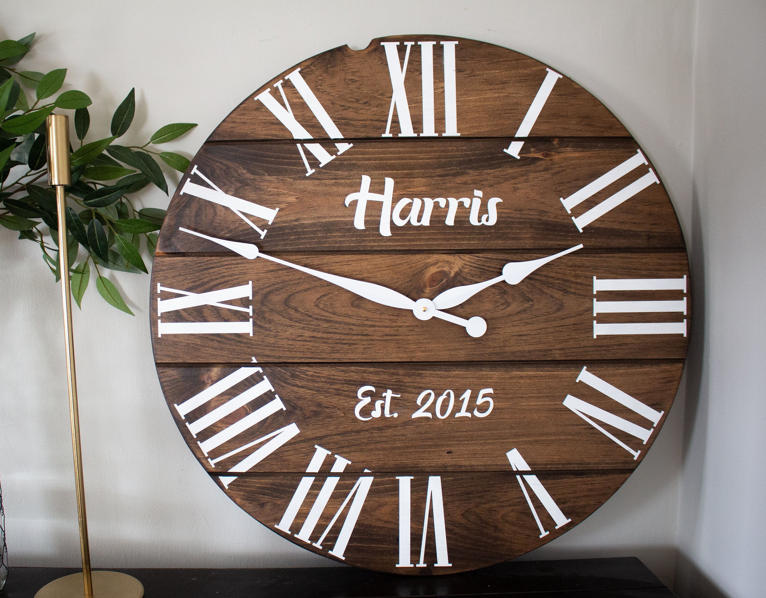 Personalized Dark Stained Large Farmhouse Wall Clock with White Roman Numerals