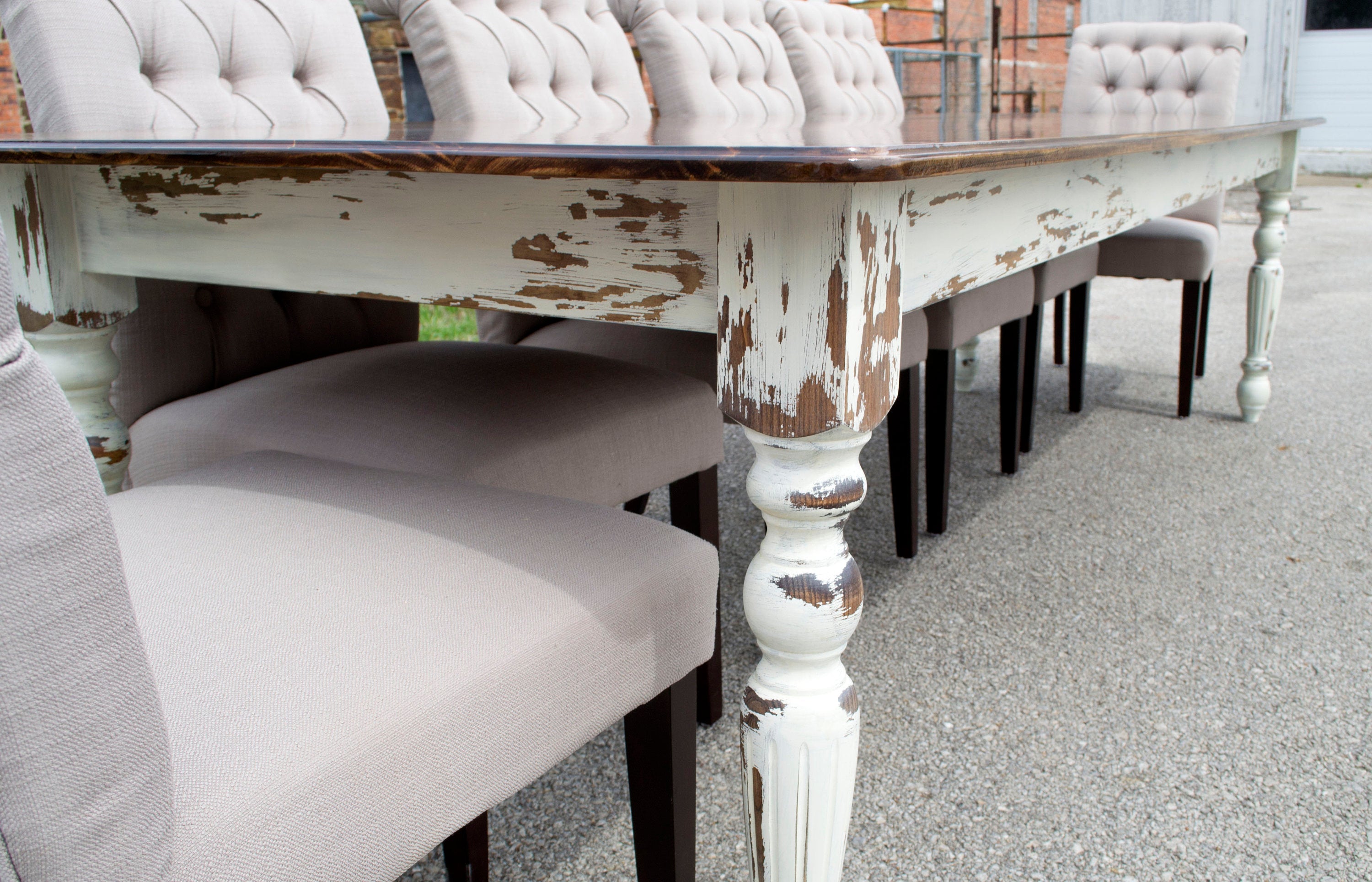 Farmhouse Dining Table with White Distressed Legs and Stained Top Handmade Furniture in Iowa, USA