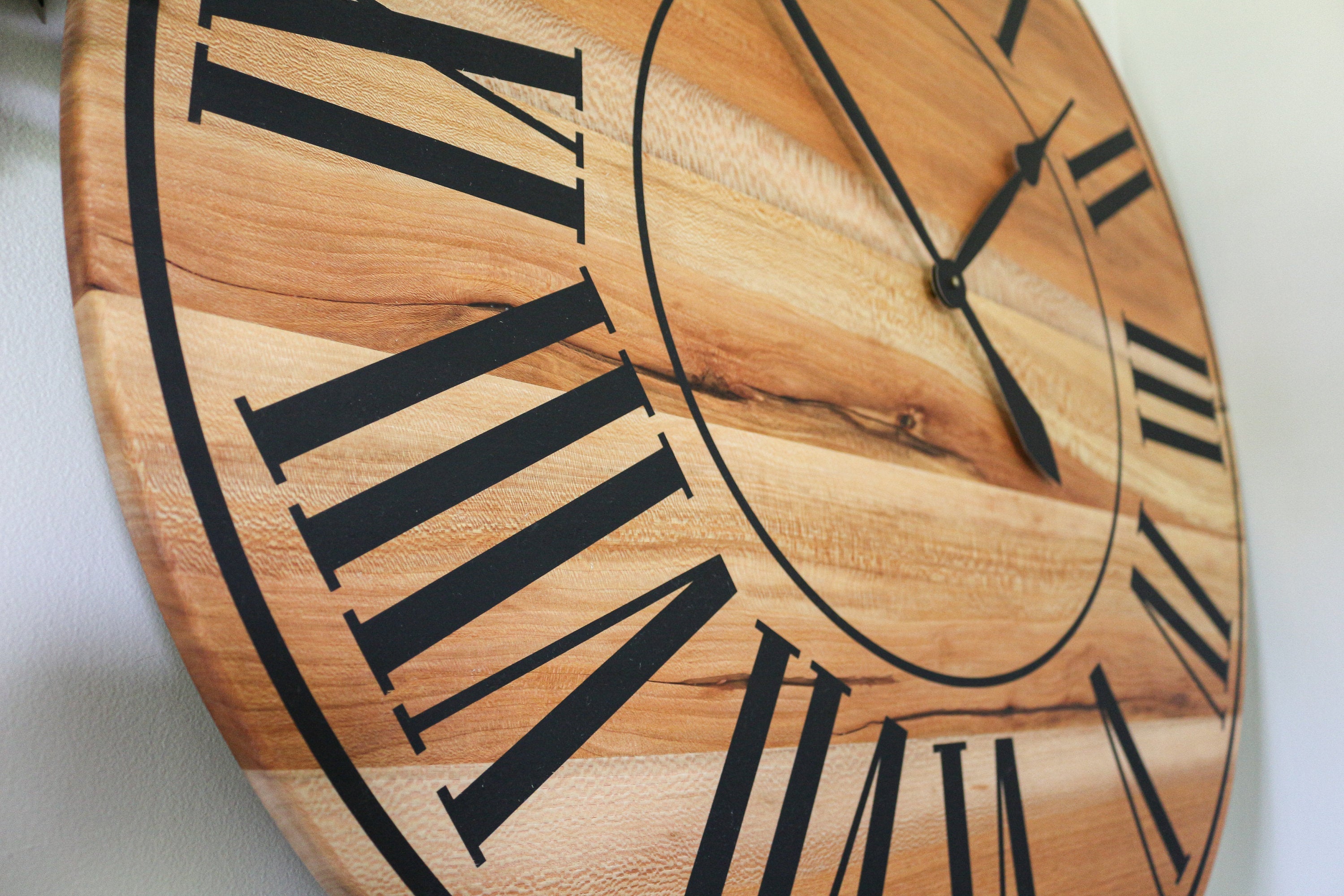 Large Quartersawn Sycamore Hardwood Wall Clock with Black Roman Numerals