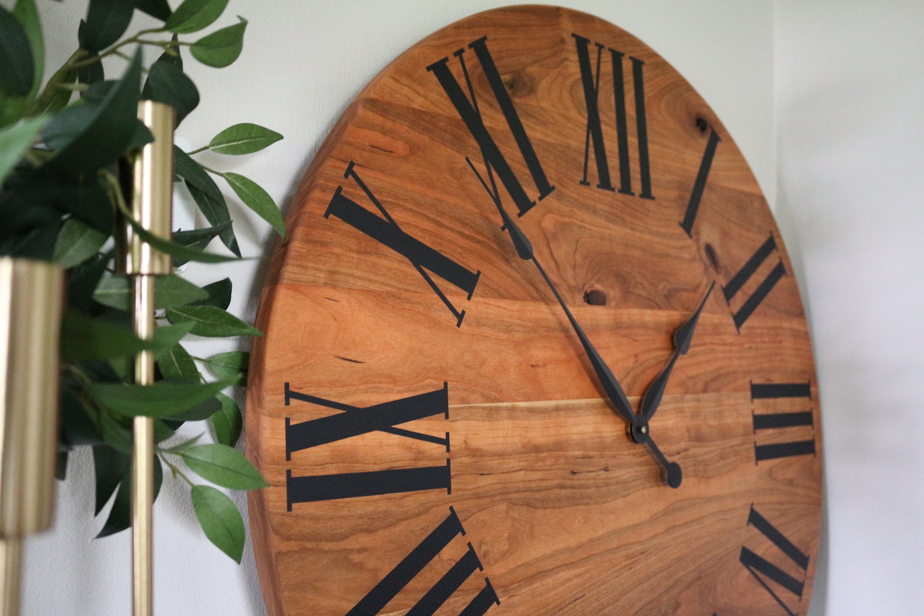 Large Solid Cherry Hardwood Wall Clock with Black Roman Numerals