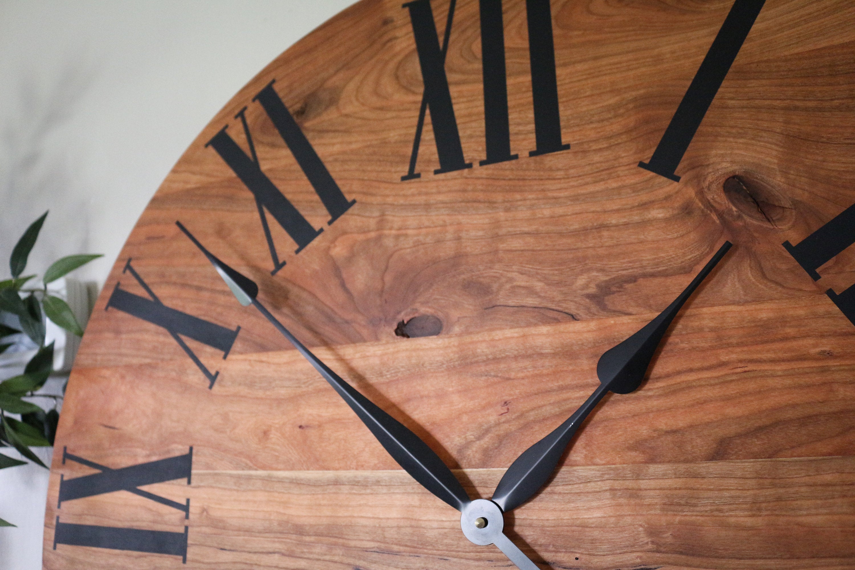 Large Solid Cherry Hardwood Wall Clock with Black Roman Numerals