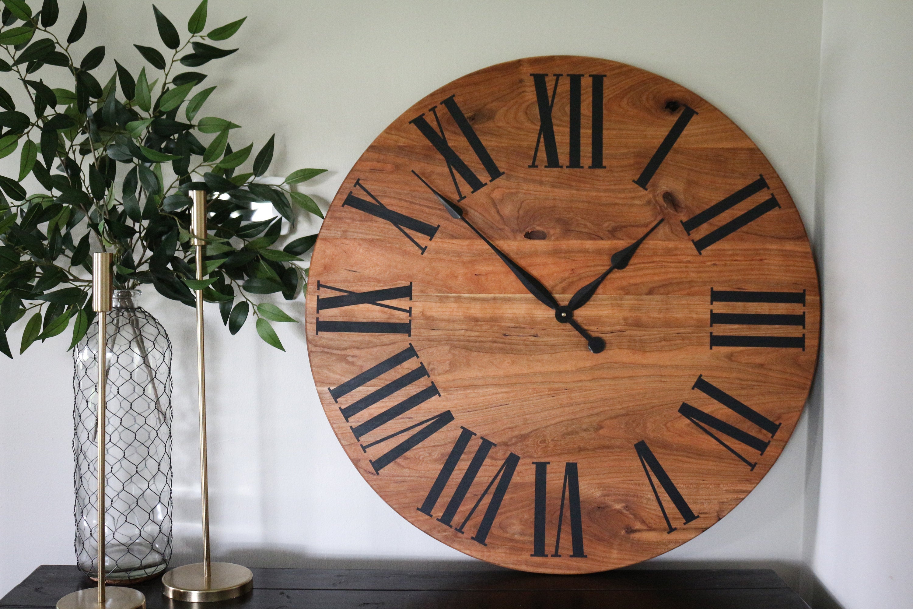 Large Solid Cherry Hardwood Wall Clock with Black Roman Numerals