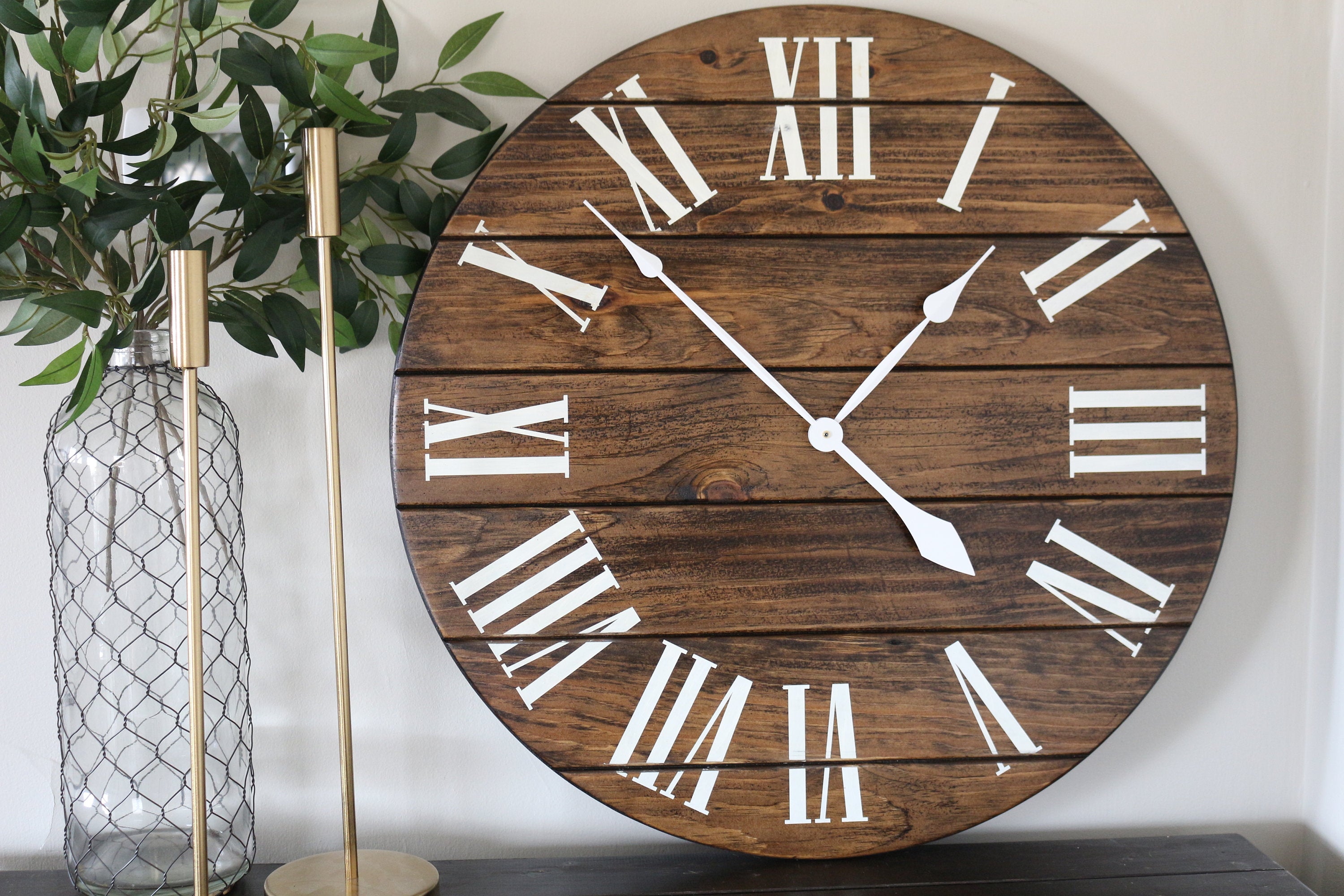 Dark Stained Large Farmhouse Wall Clock with White Roman Numerals Handmade Furniture in Iowa, USA