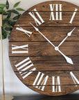 Dark Stained Large Farmhouse Wall Clock with White Roman Numerals Handmade Furniture in Iowa, USA
