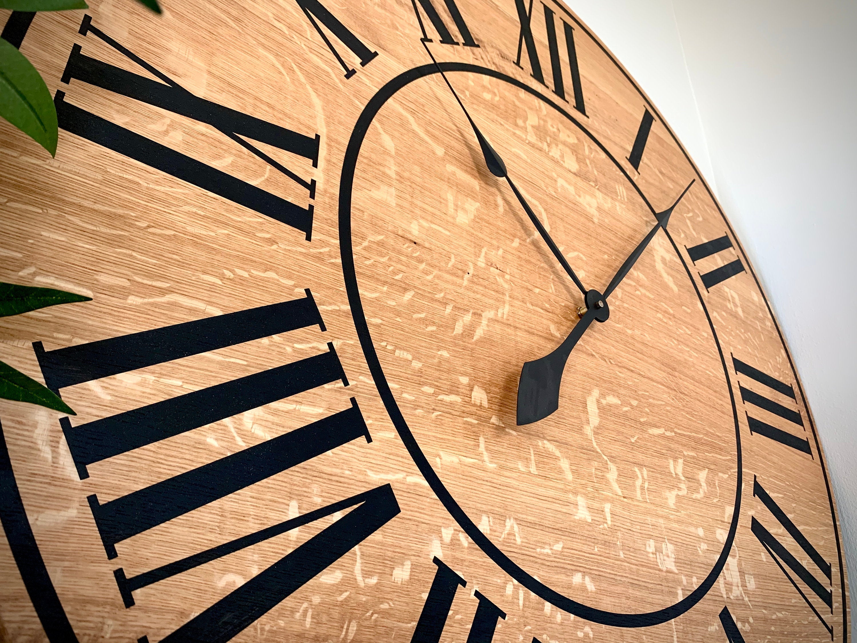 Large Quartersawn White Oak Wall Clock with Black Lines and Roman Numerals