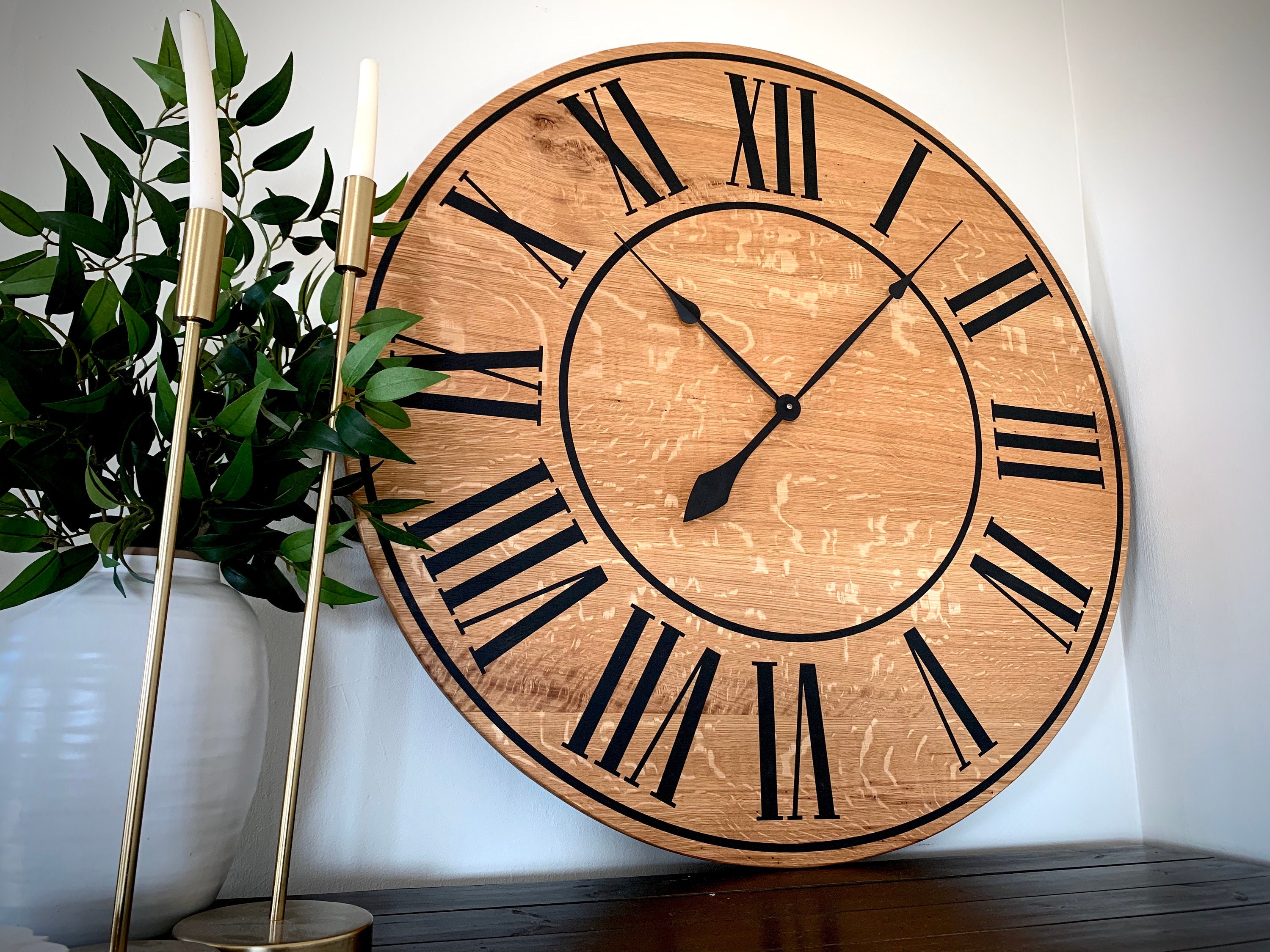 Large Quartersawn White Oak Wall Clock with Black Lines and Roman Numerals