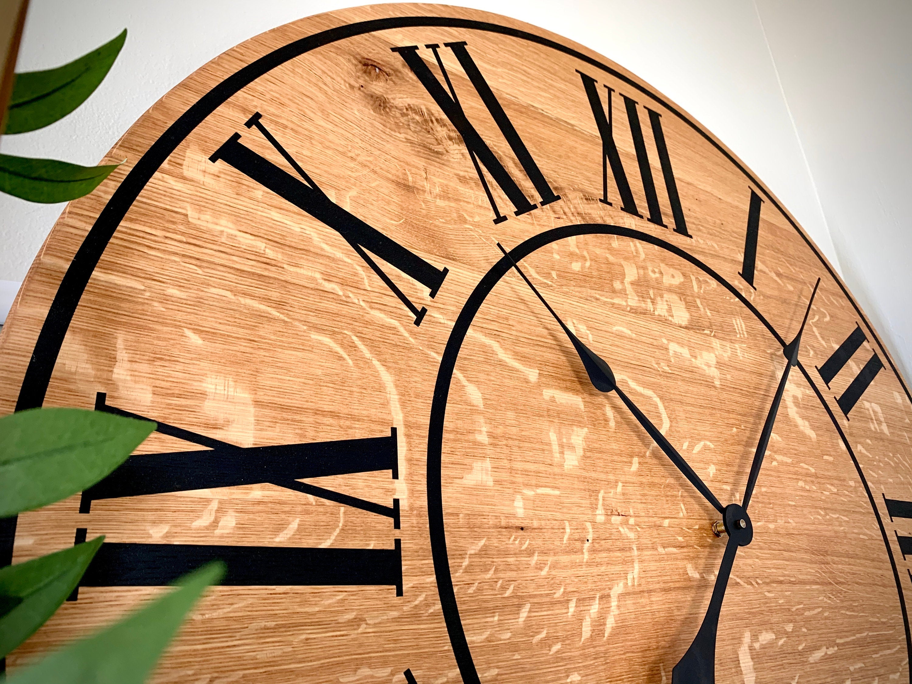 Large Quartersawn White Oak Wall Clock with Black Lines and Roman Numerals