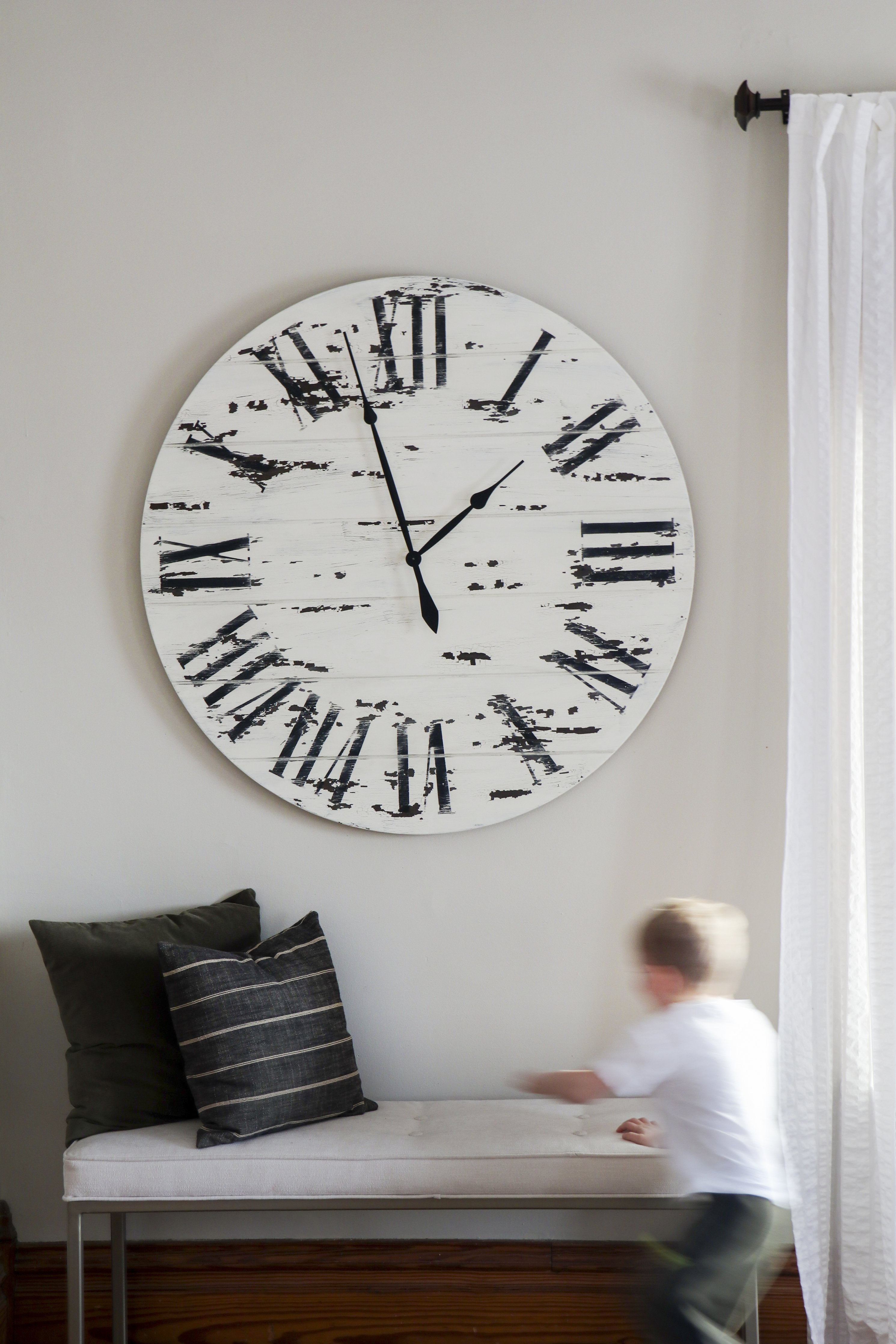 42" Farmhouse Style Large White Distressed Wall Clock with Black Roman Numerals (in stock) - Hazel Oak Farms